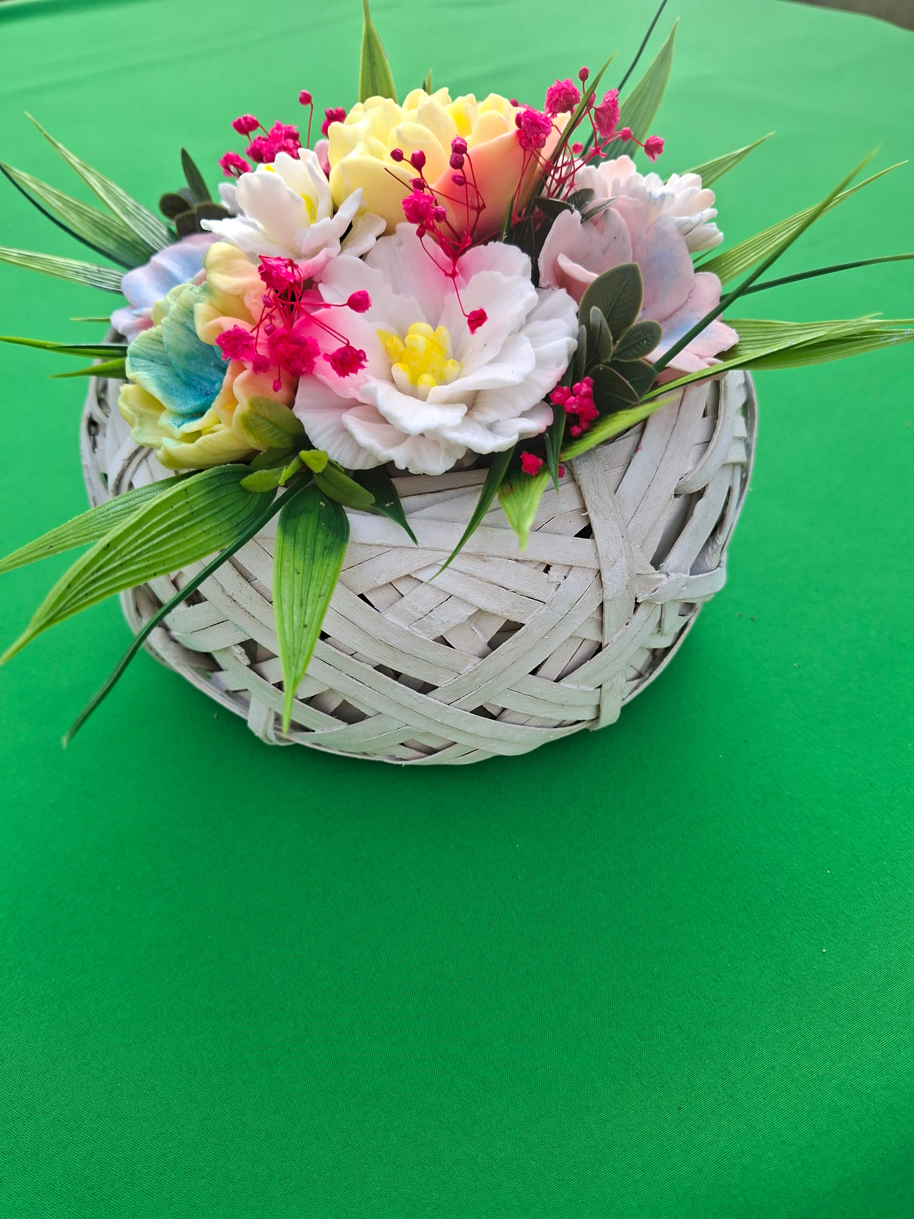 Woven Wood Basket Floral Arrangement Artificial Flowers Decor