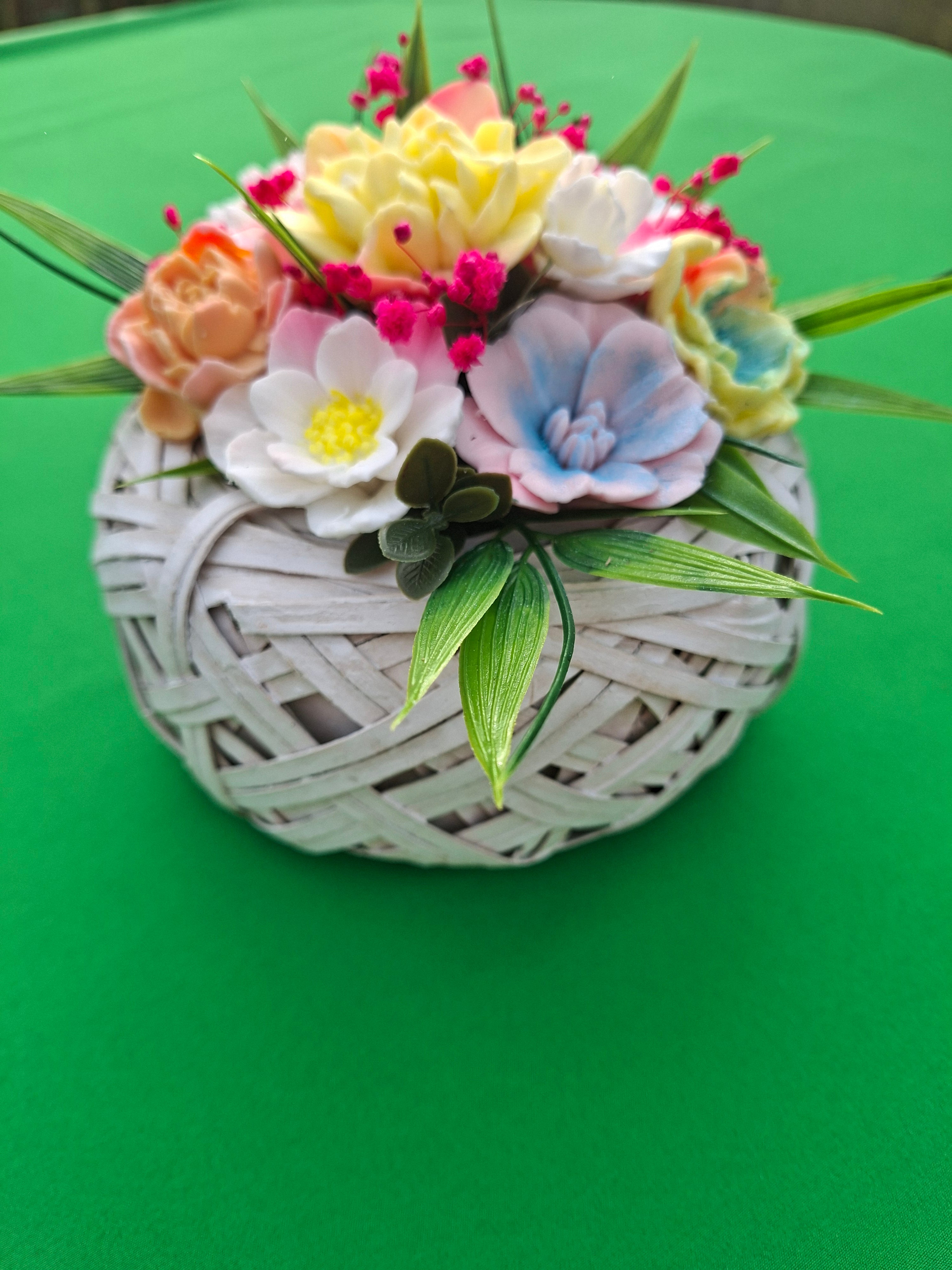 Woven Wood Basket Floral Arrangement Artificial Flowers Decor