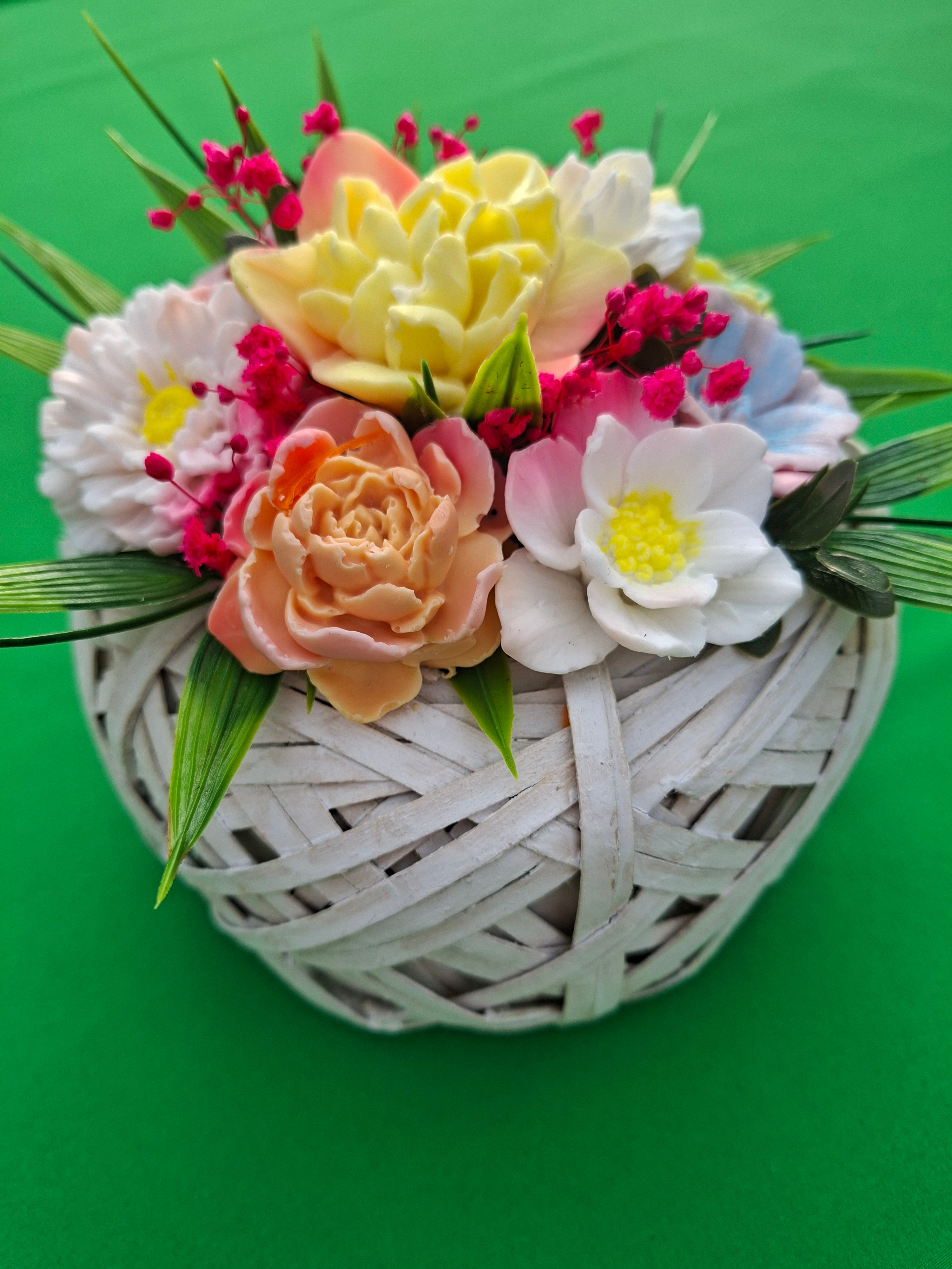 Woven Wood Basket Floral Arrangement Artificial Flowers Decor