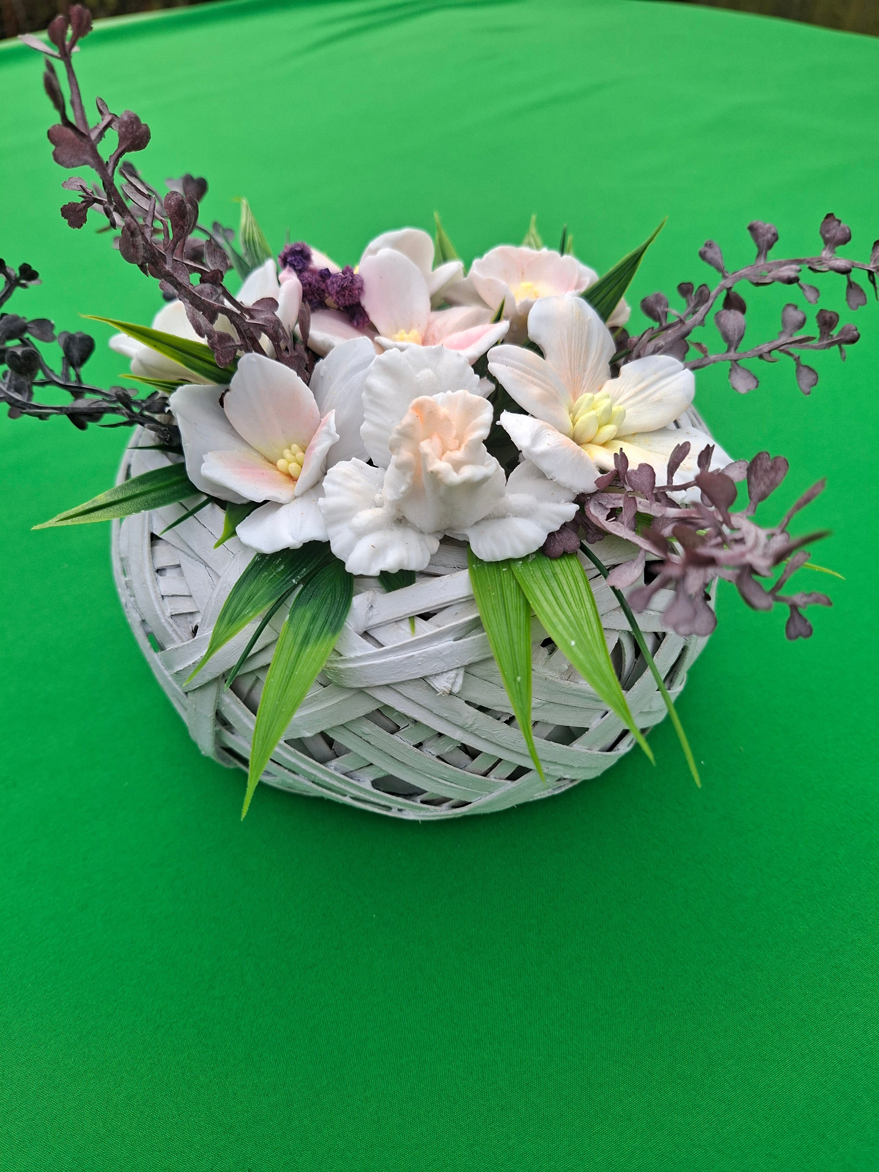 Woven Wood Basket Floral Arrangement With Artificial Flowers