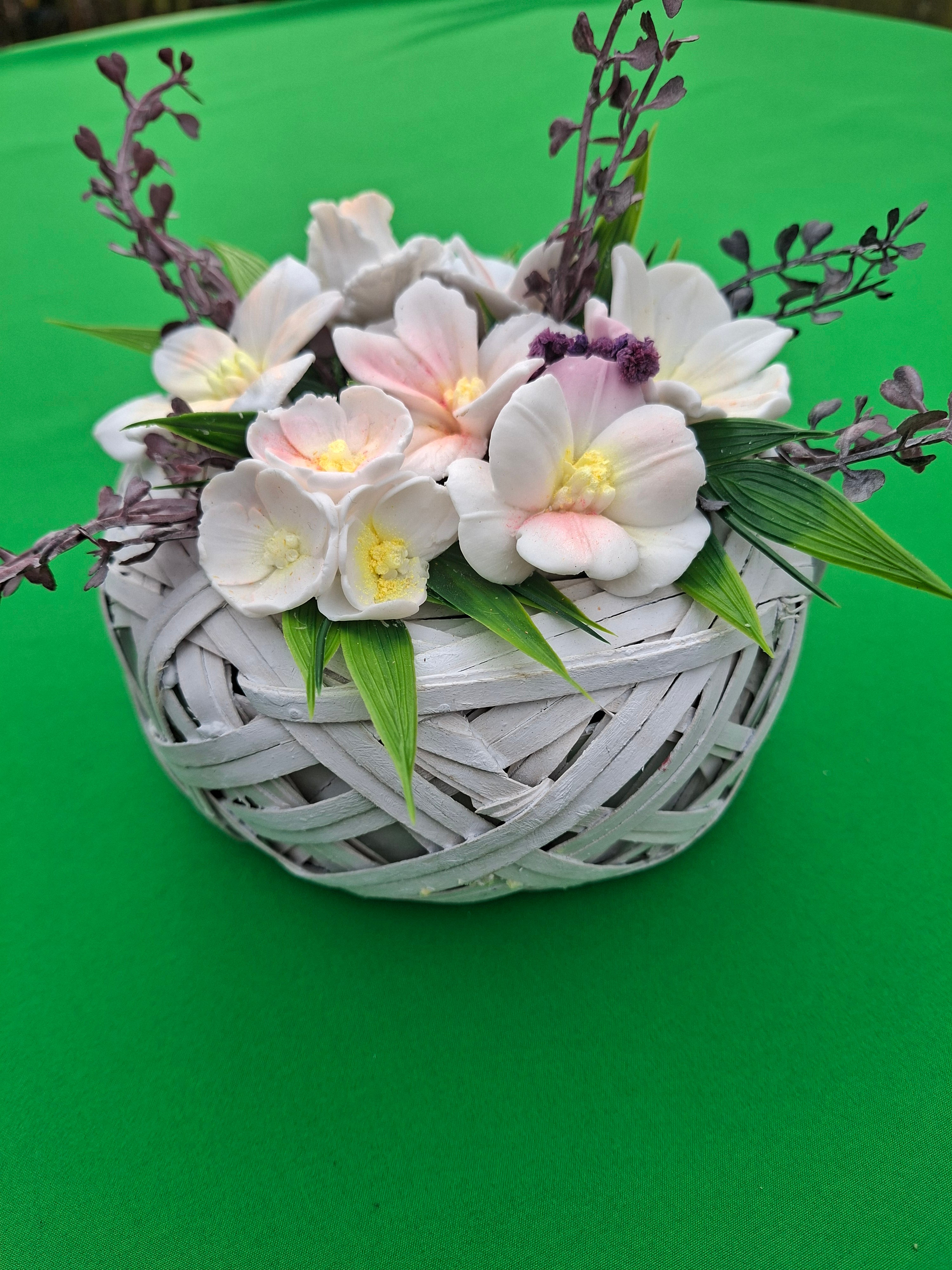 Woven Wood Basket Floral Arrangement With Artificial Flowers