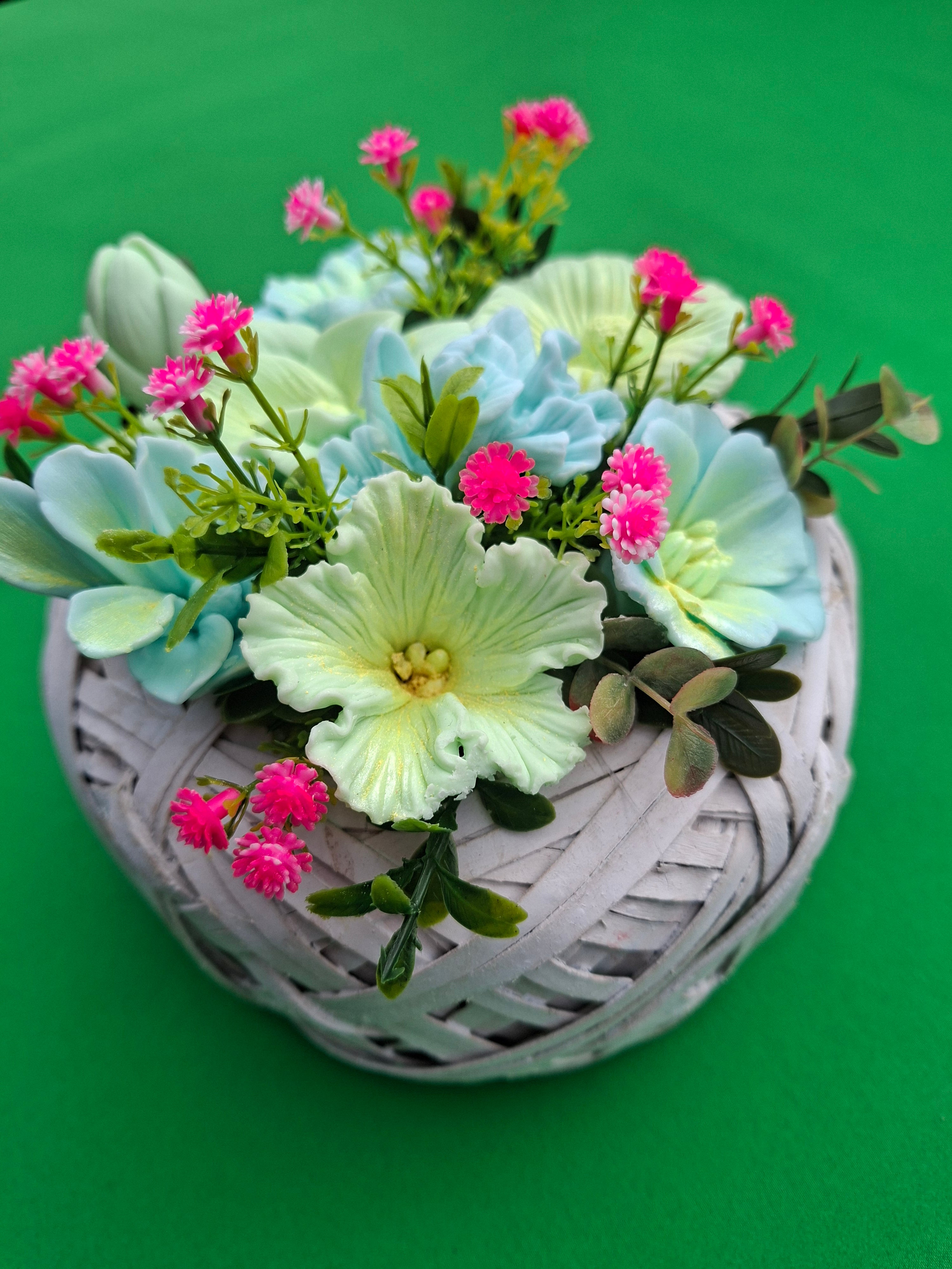 Artificial Floral Arrangement In Woven Basket With Green And Pink Blooms