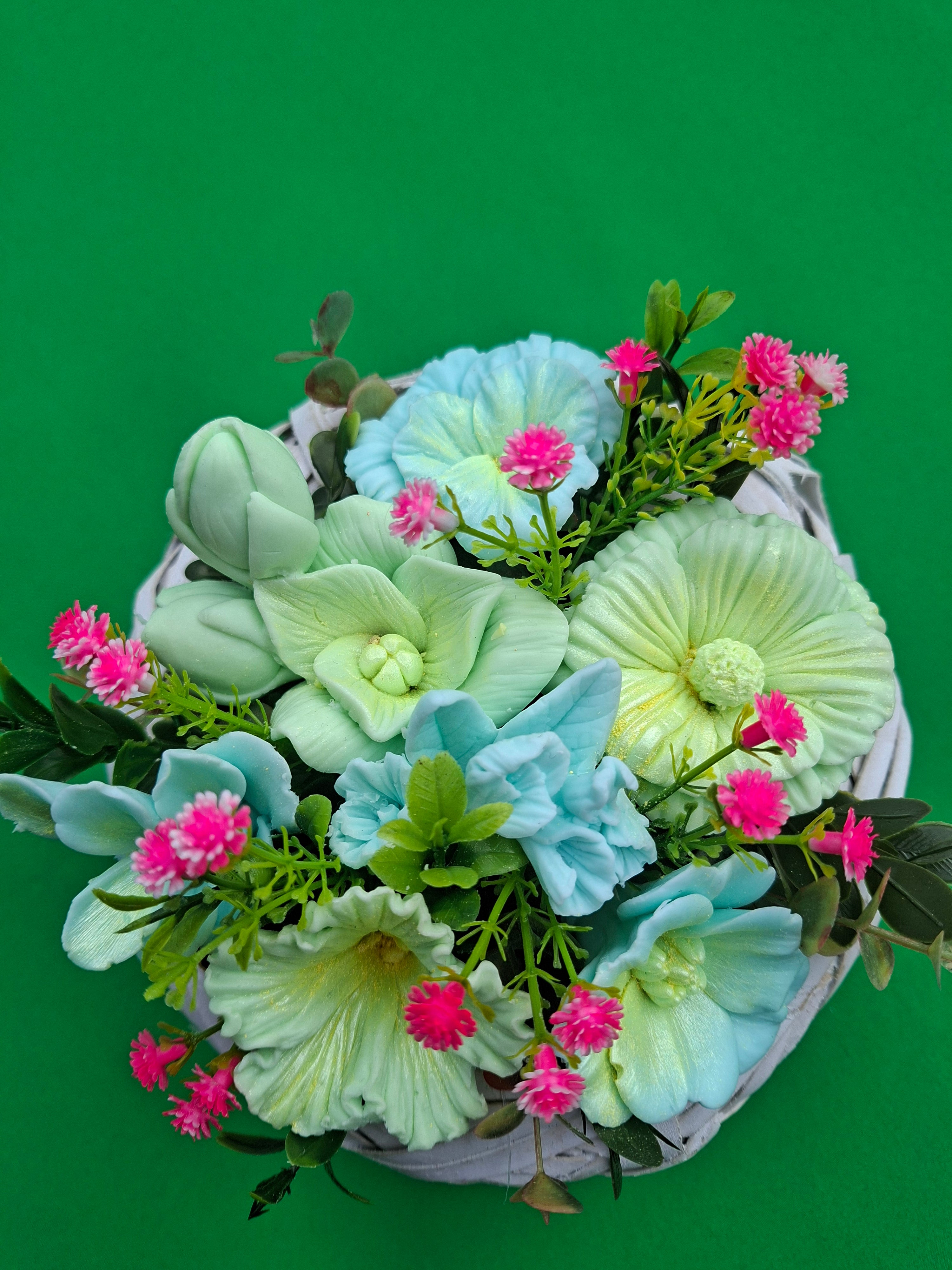 Artificial Floral Arrangement In Woven Basket With Green And Pink Blooms