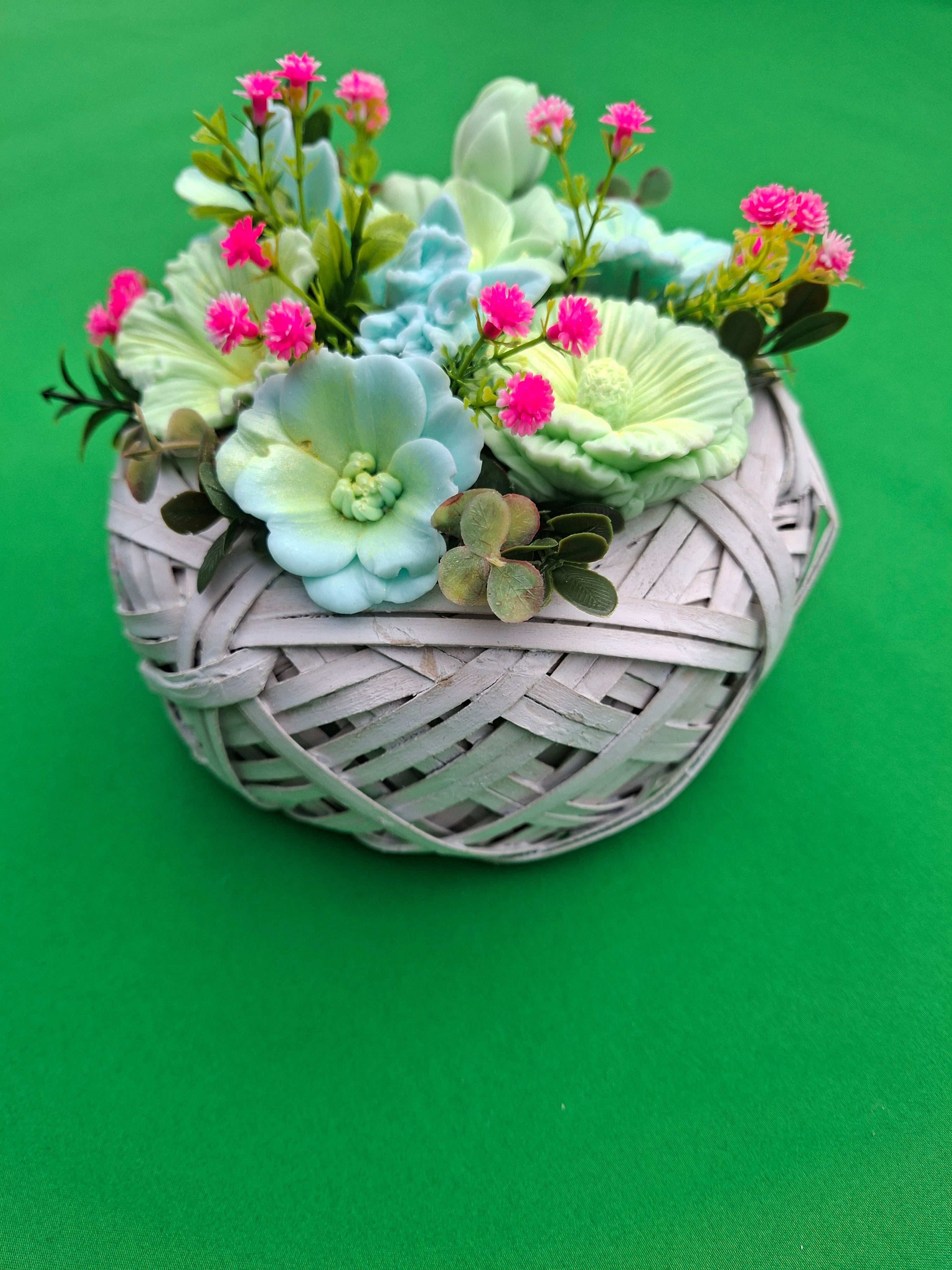 Artificial Floral Arrangement In Woven Basket With Green And Pink Blooms