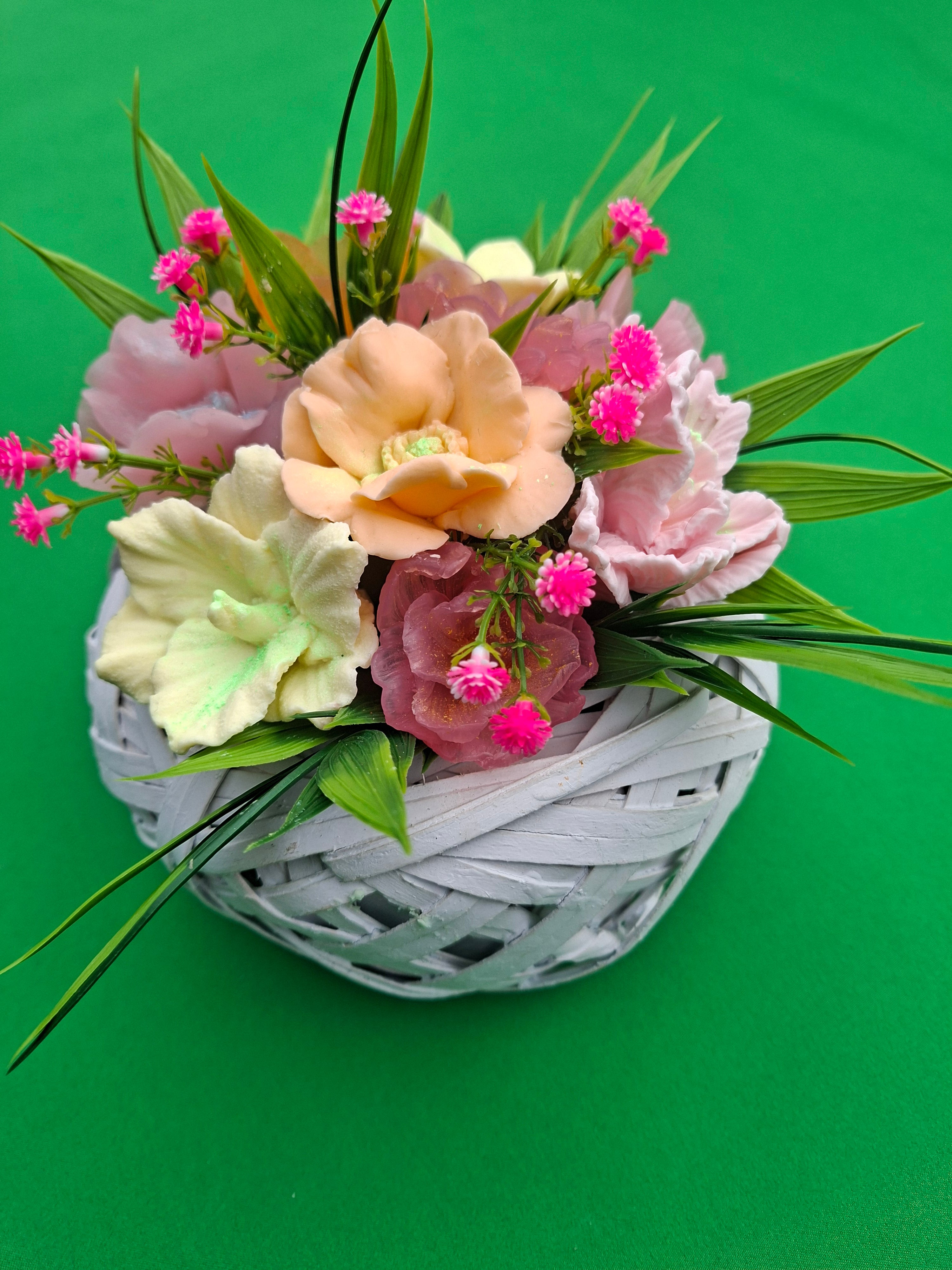 Pastel Artificial Flower Arrangement in White Woven Basket