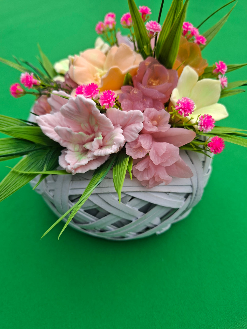 Pastel Artificial Flower Arrangement in White Woven Basket
