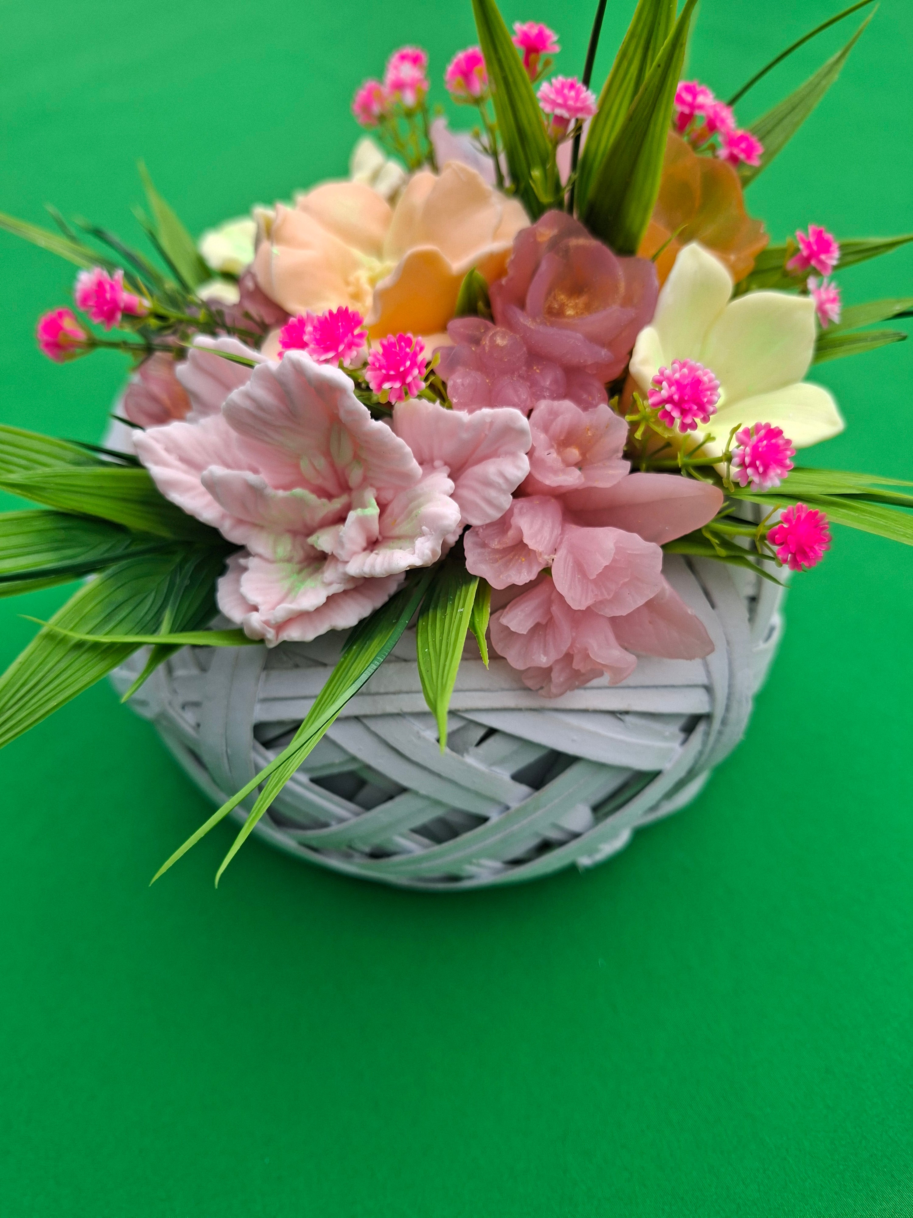 Pastel Artificial Flower Arrangement in White Woven Basket
