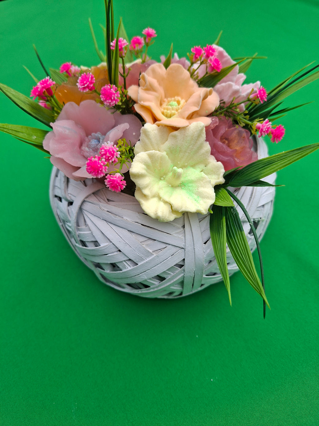 Pastel Artificial Flower Arrangement in White Woven Basket