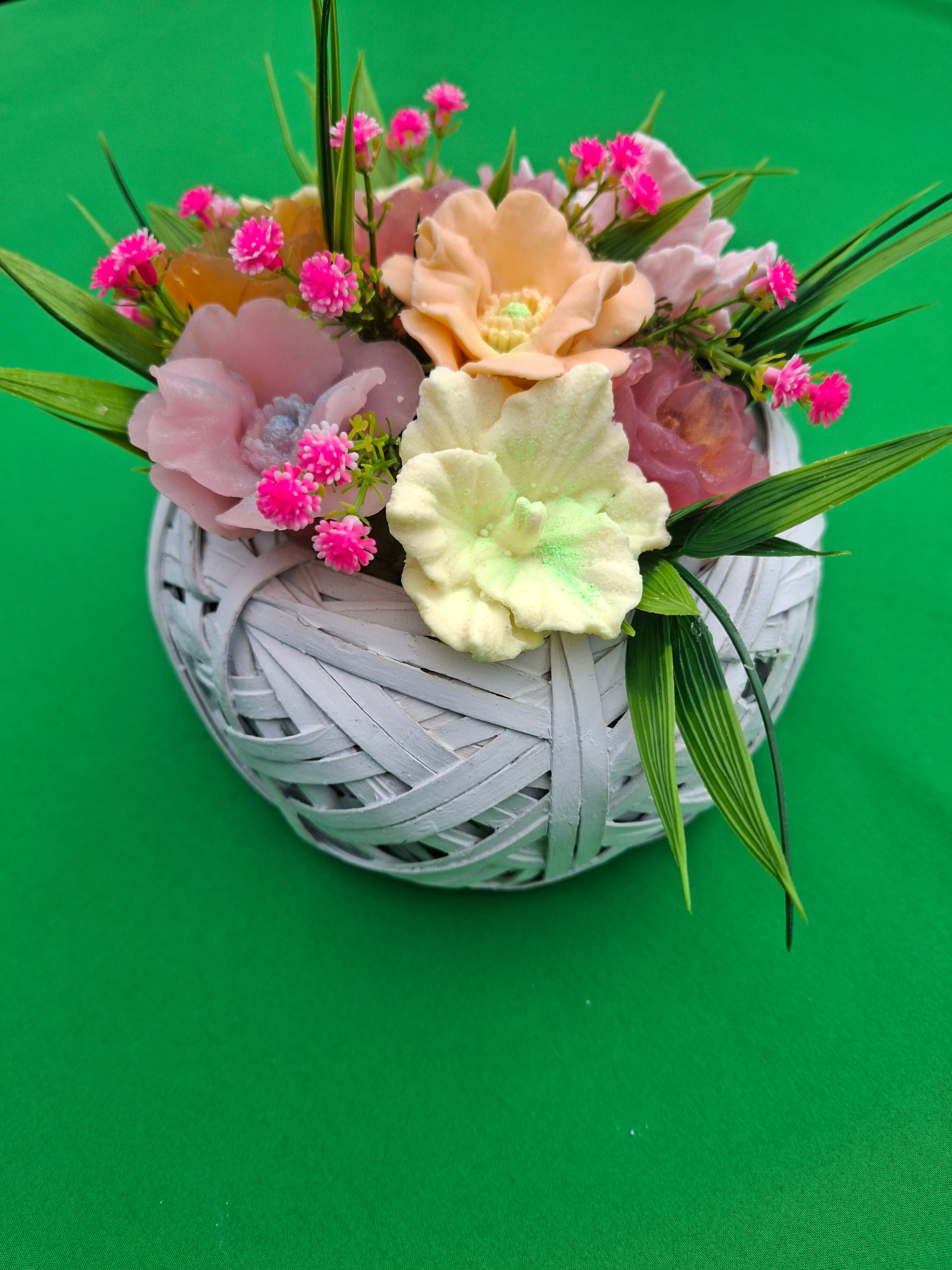 Pastel Artificial Flower Arrangement in White Woven Basket