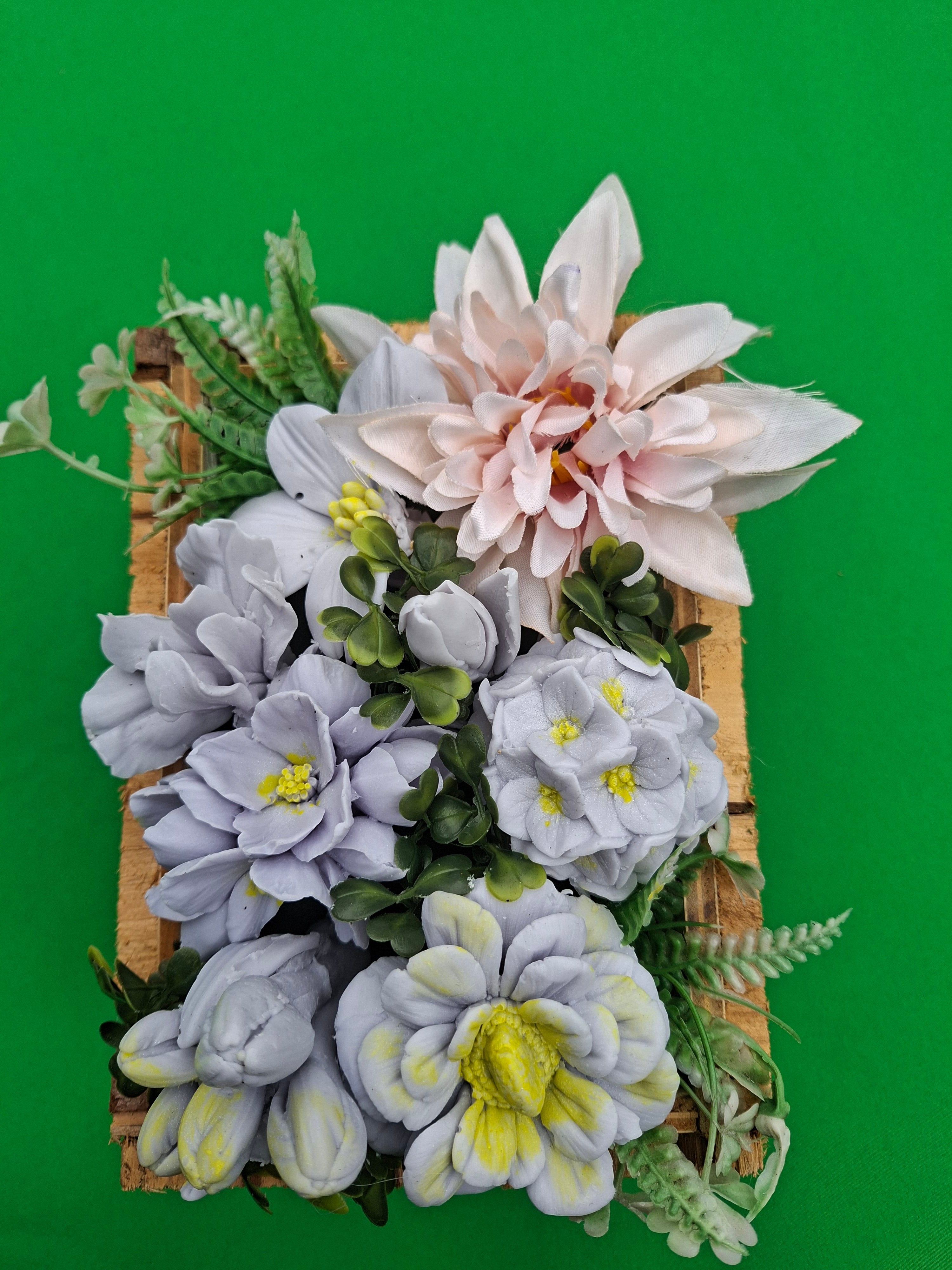 Woven Wood Basket Floral Arrangement With Faux Flowers Decor