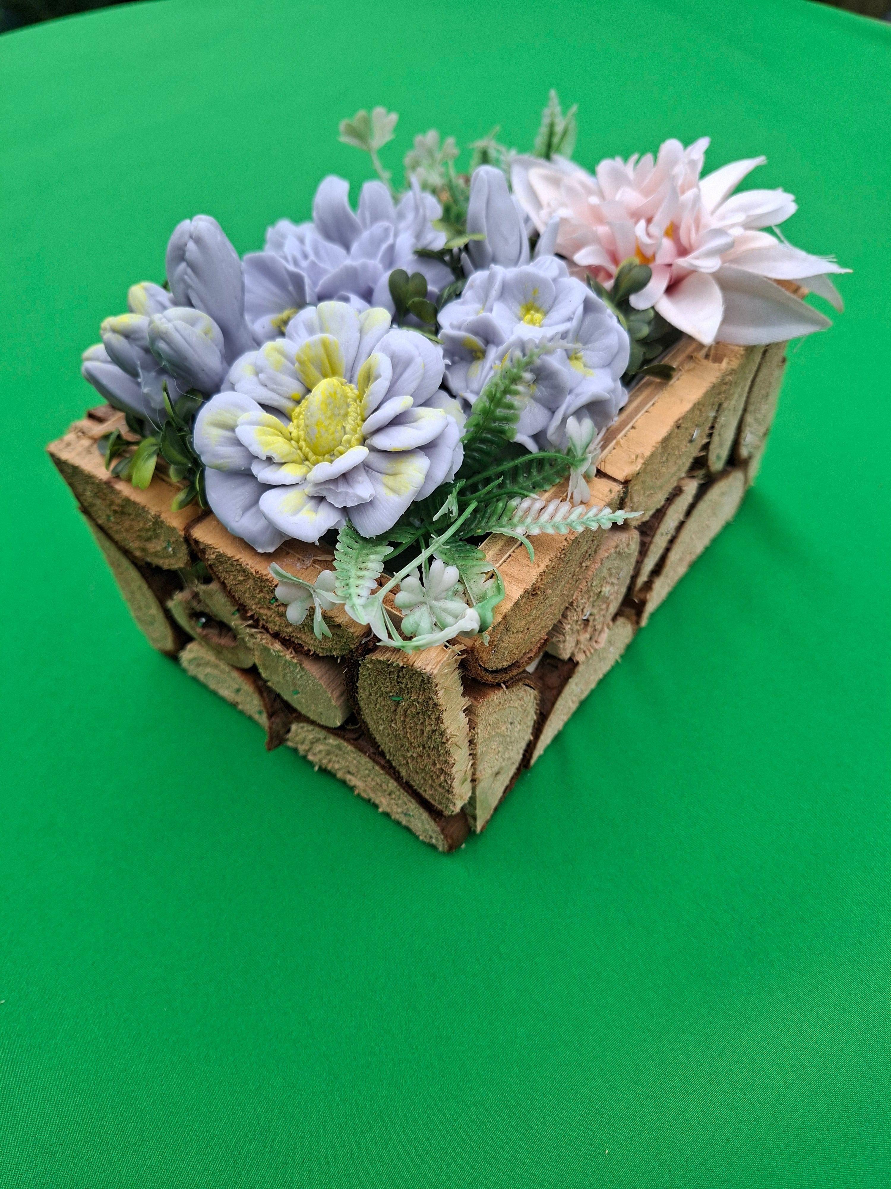 Woven Wood Basket Floral Arrangement With Faux Flowers Decor