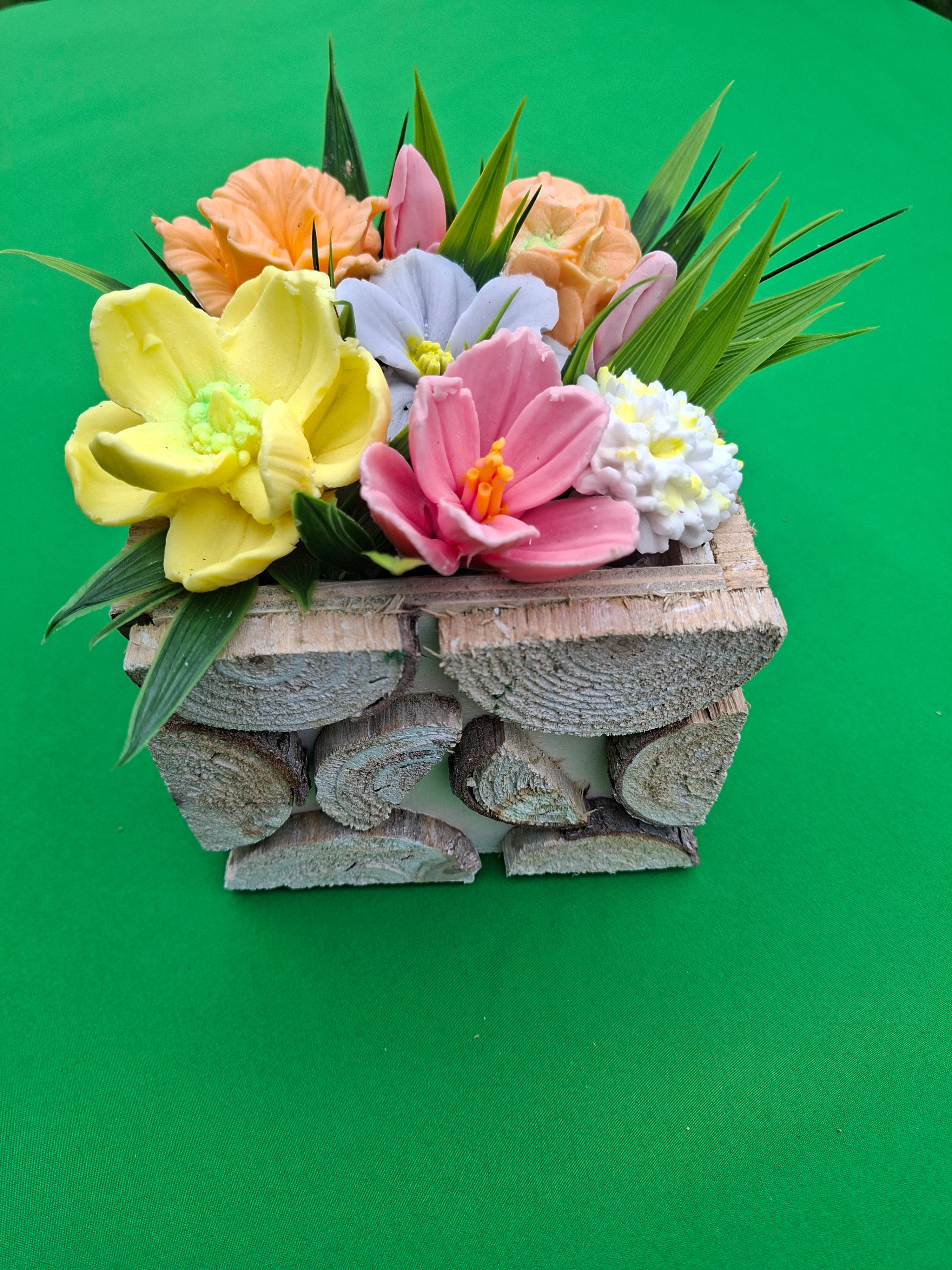 Woven Wood Basket With Colorful Artificial Flowers Decor