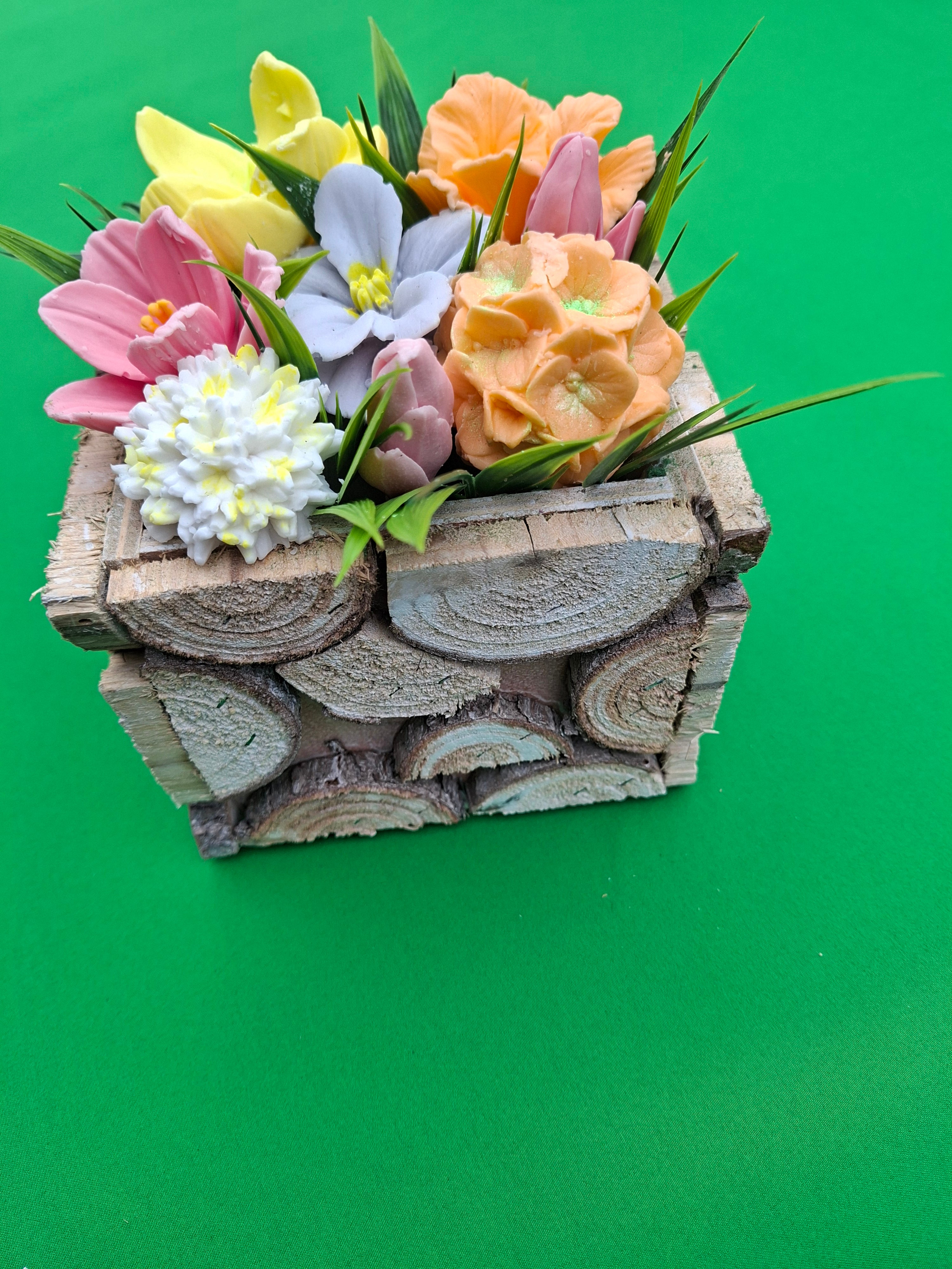 Woven Wood Basket With Colorful Artificial Flowers Decor