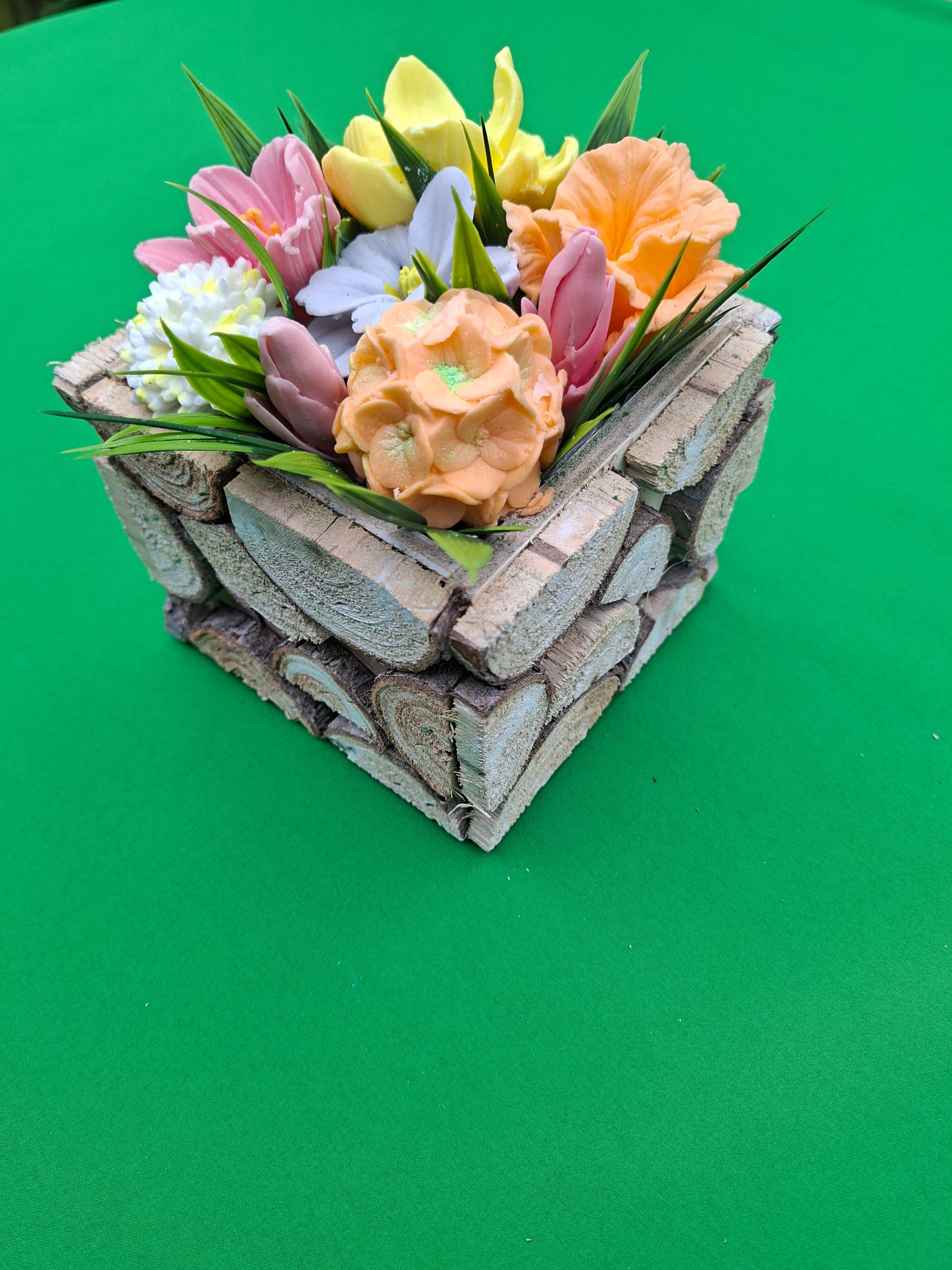 Woven Wood Basket With Colorful Artificial Flowers Decor