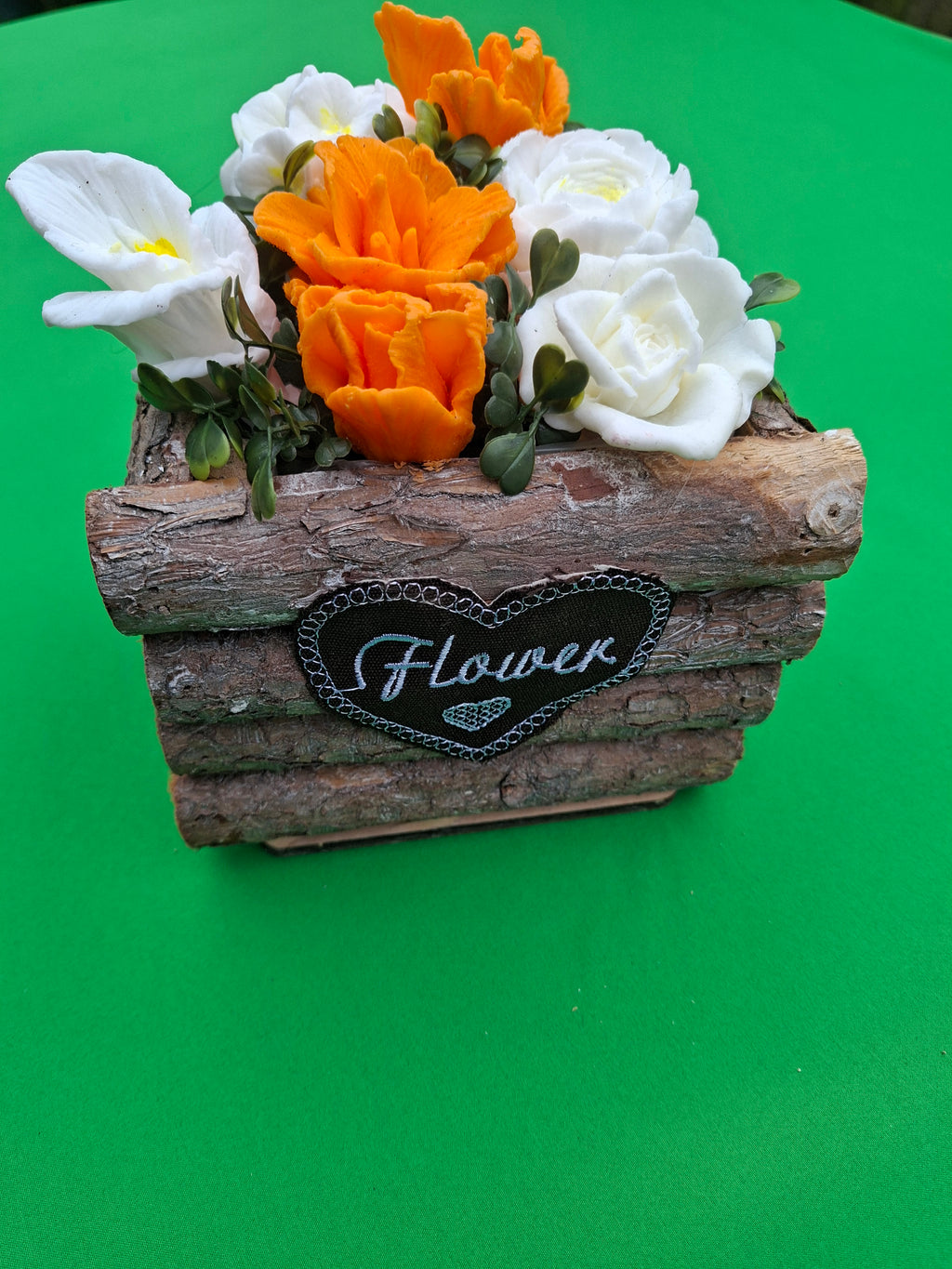 Rustic Wood Planter With Artificial Orange And White Flowers