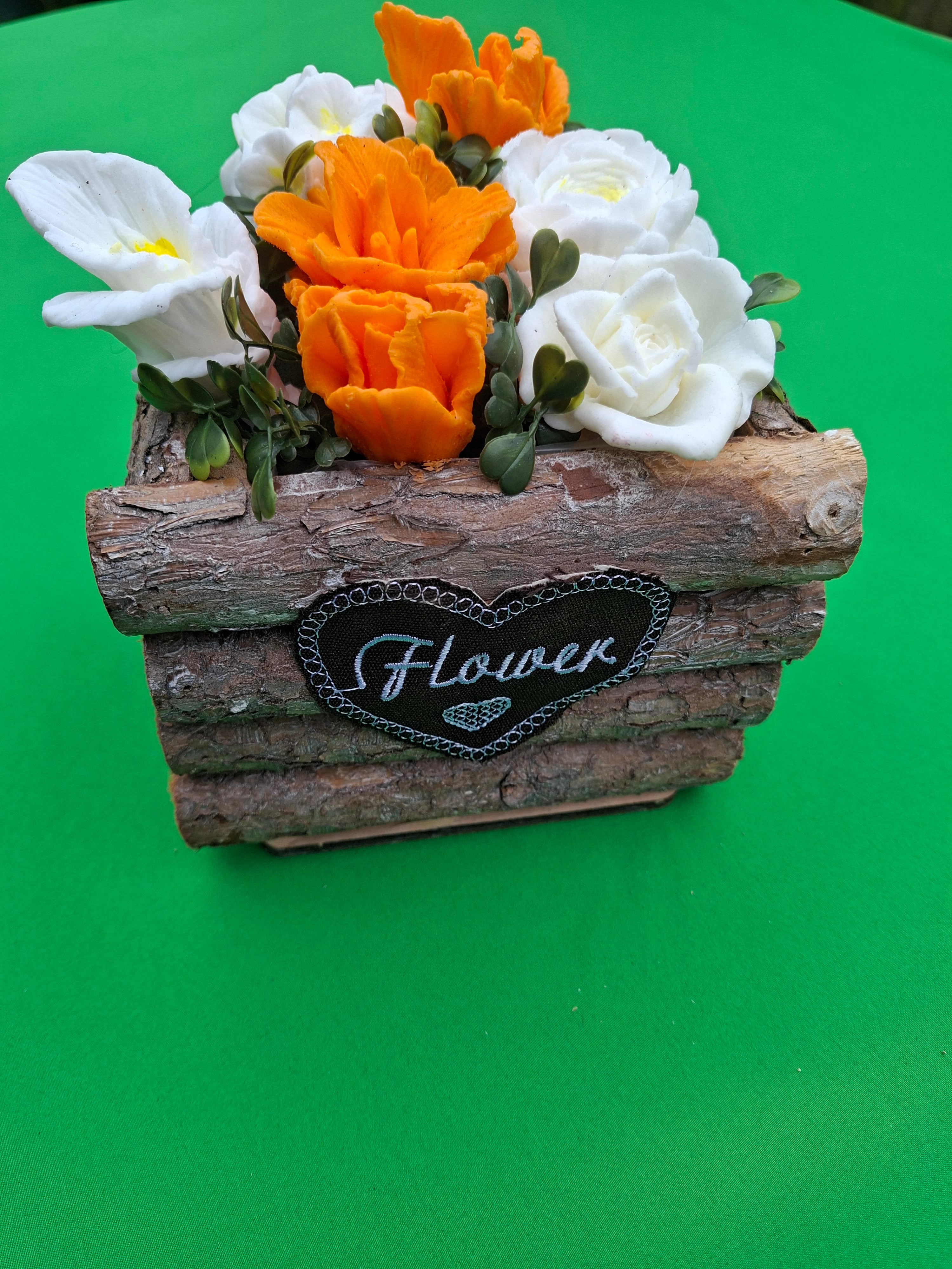Rustic Wood Planter With Artificial Orange And White Flowers