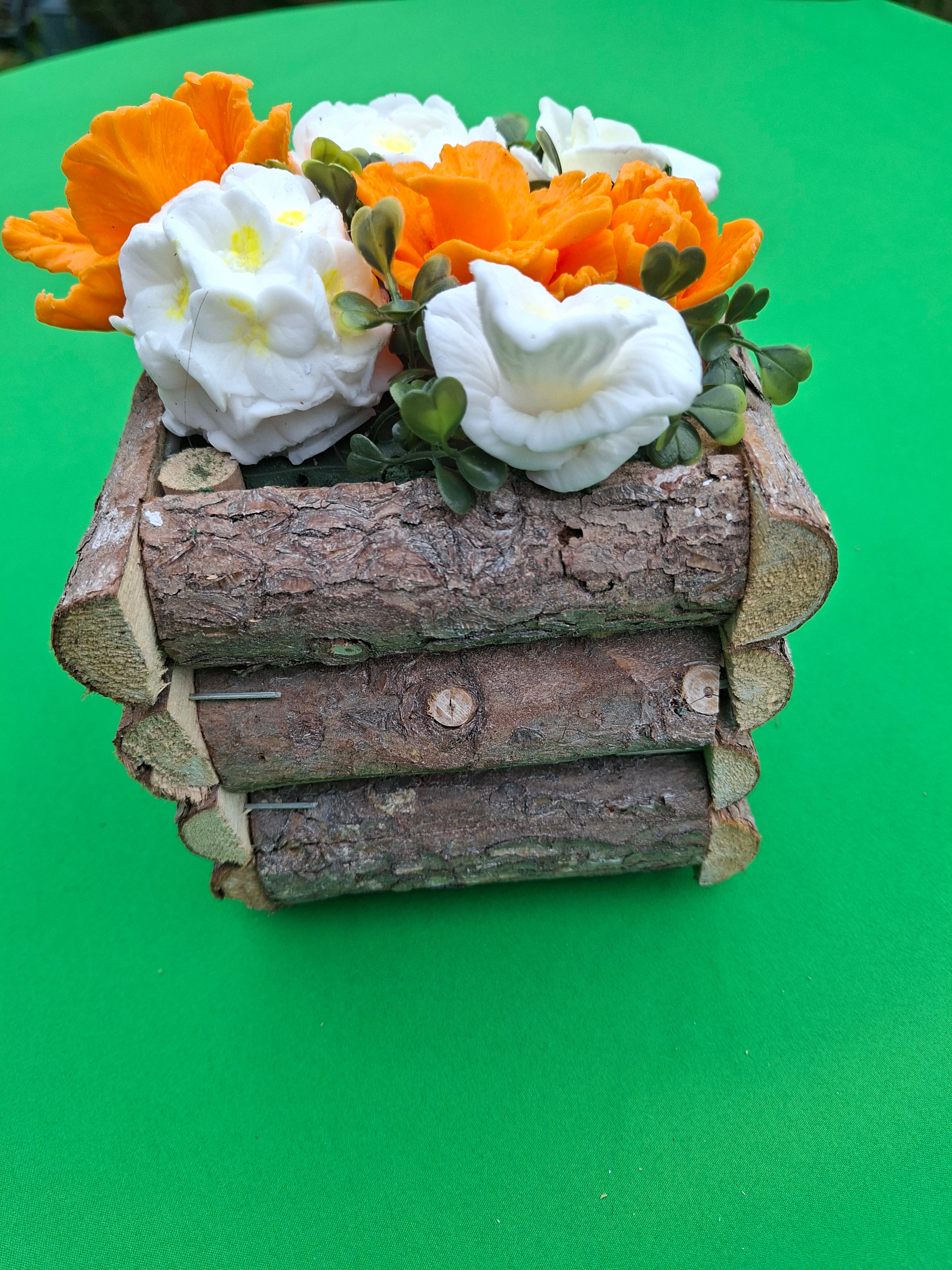 Rustic Wood Planter With Artificial Orange And White Flowers