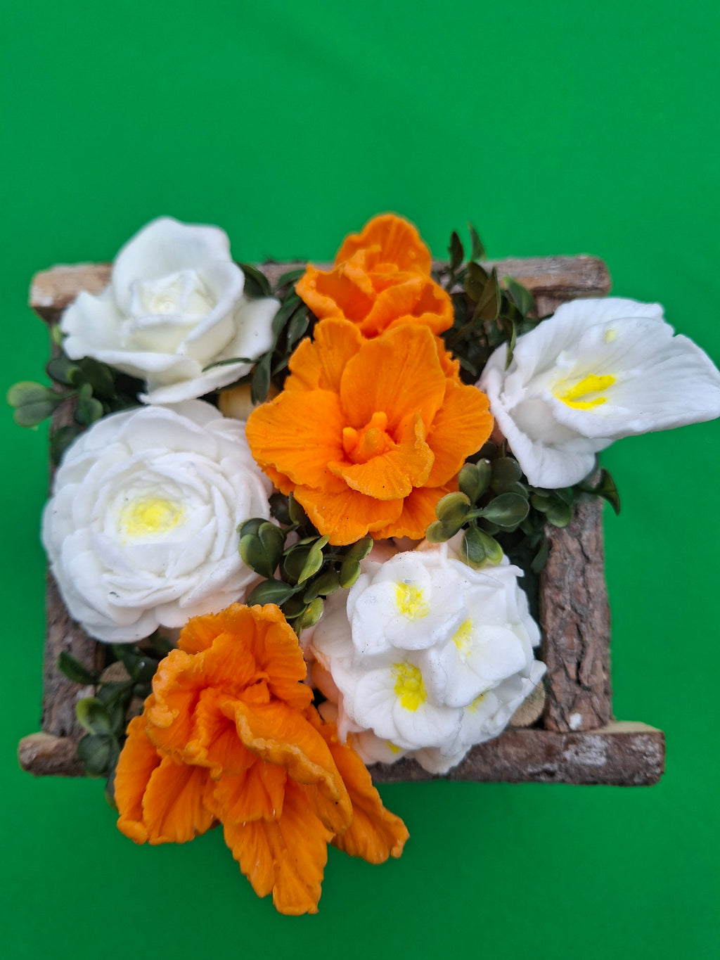 Rustic Wood Planter With Artificial Orange And White Flowers
