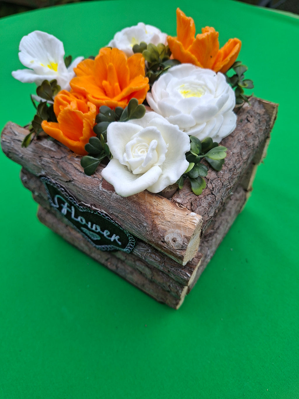 Rustic Wood Planter With Artificial Orange And White Flowers