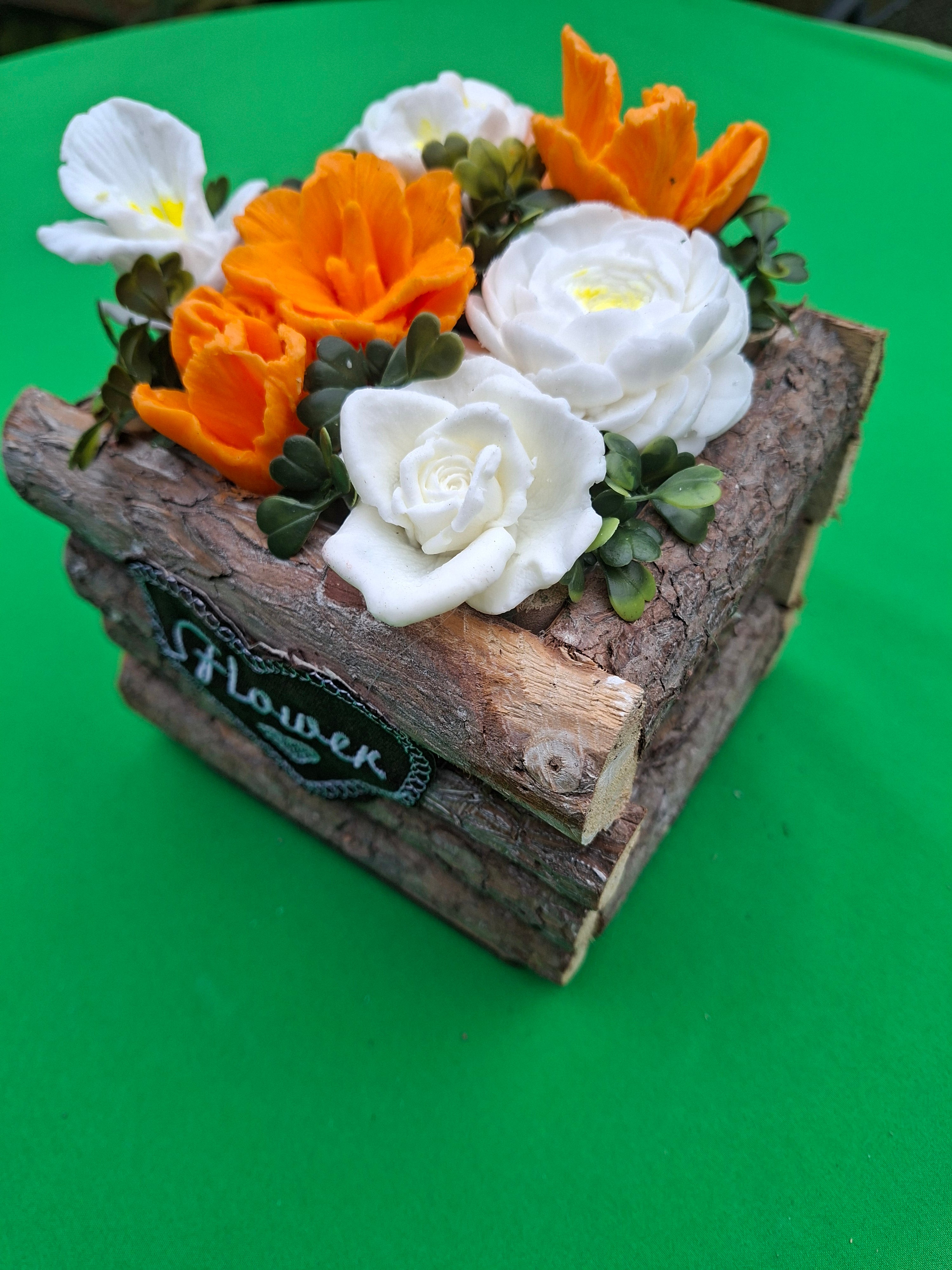 Rustic Wood Planter With Artificial Orange And White Flowers