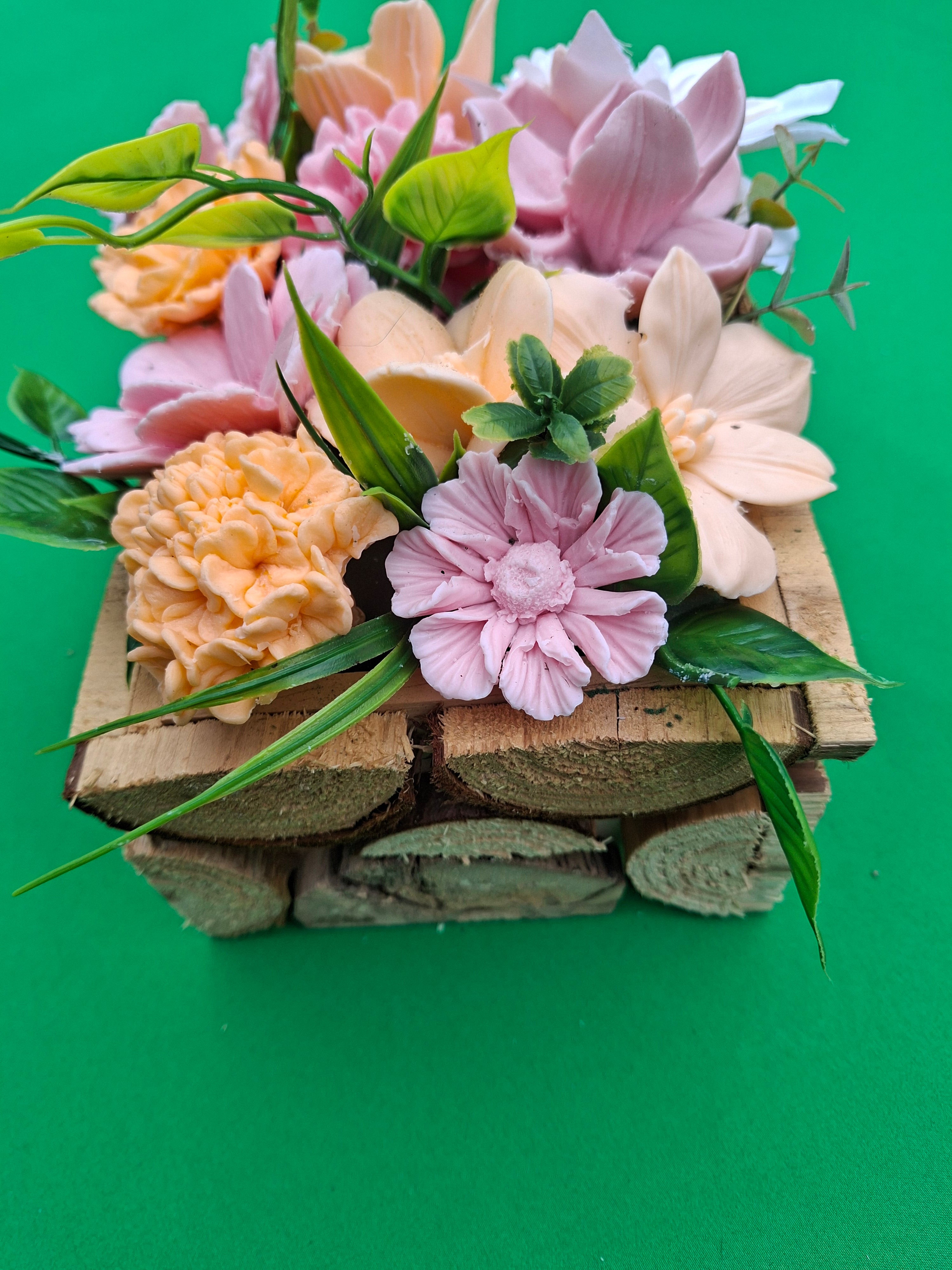 Handwoven Wood Basket Floral Arrangement With Pink Peach Flowers