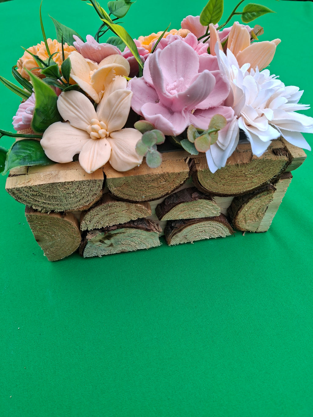 Handwoven Wood Basket Floral Arrangement With Pink Peach Flowers