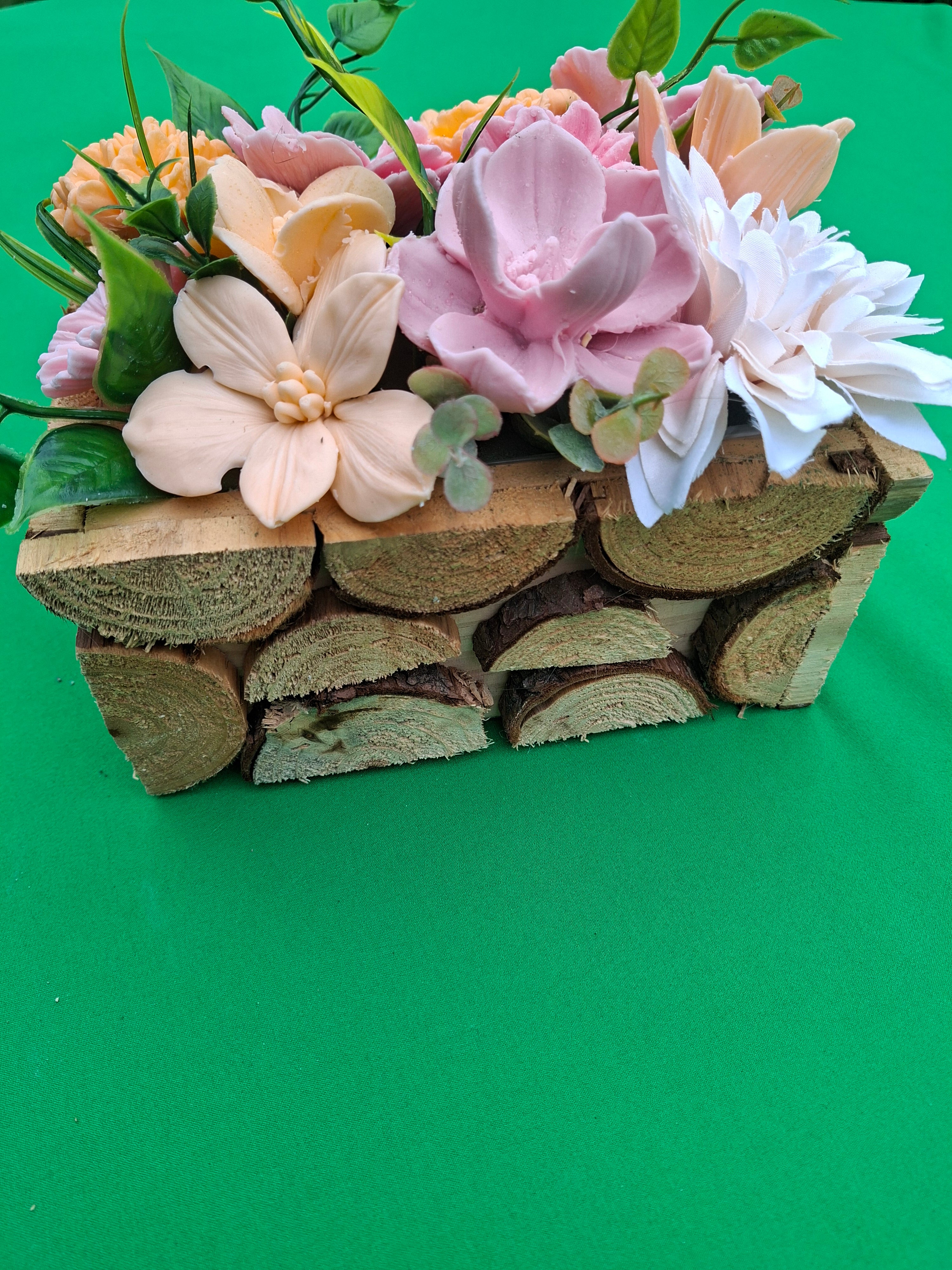 Handwoven Wood Basket Floral Arrangement With Pink Peach Flowers