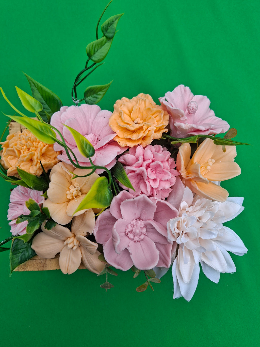 Handwoven Wood Basket Floral Arrangement With Pink Peach Flowers