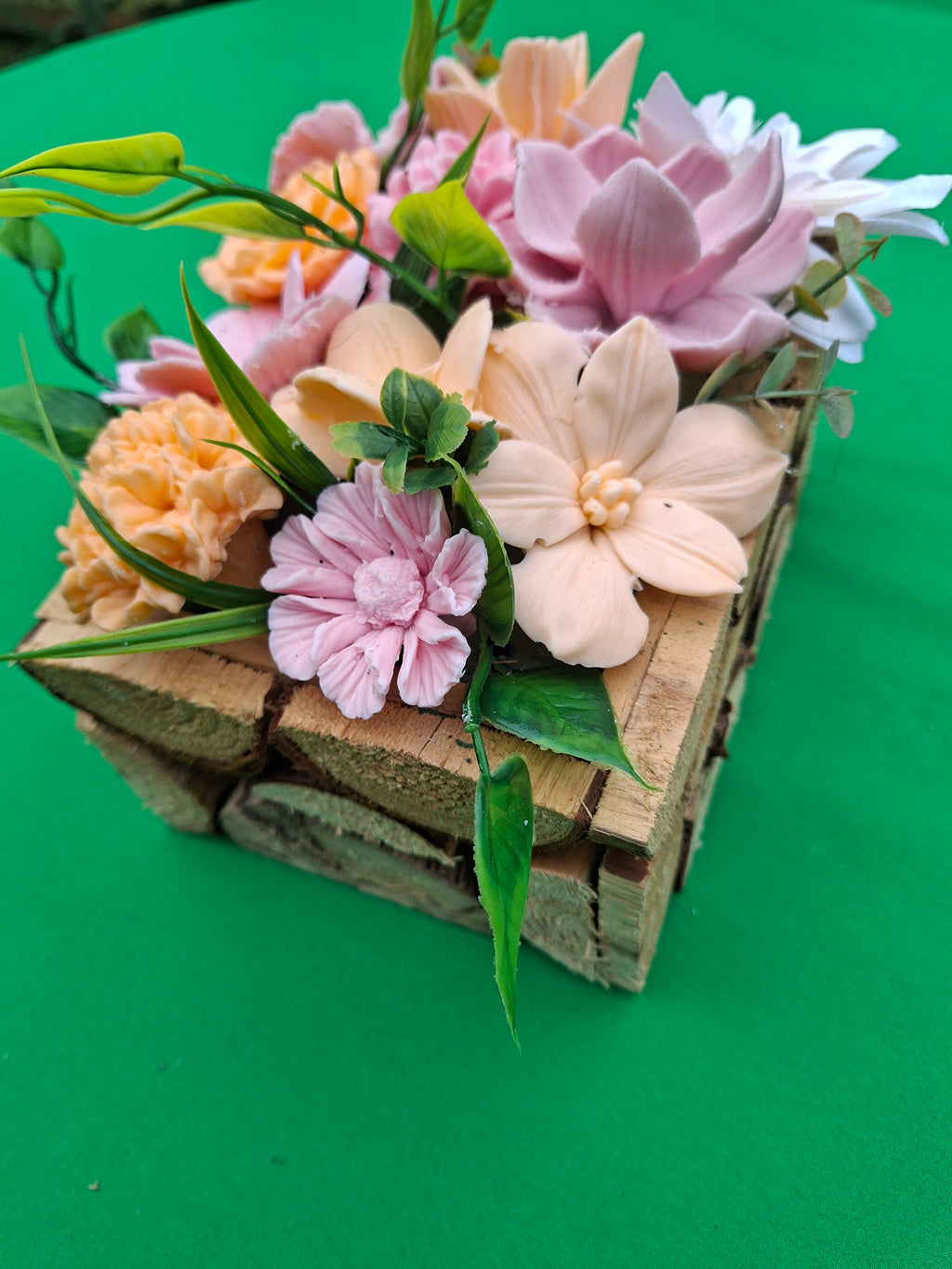 Handwoven Wood Basket Floral Arrangement With Pink Peach Flowers