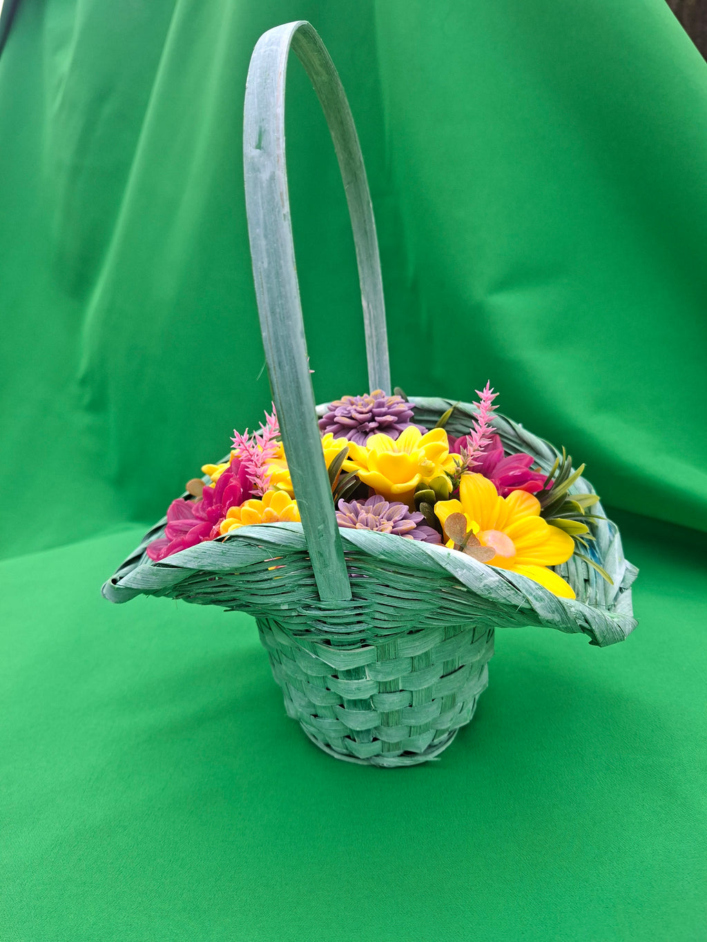 Green Woven Basket With Artificial Flowers For Home And Garden Decor