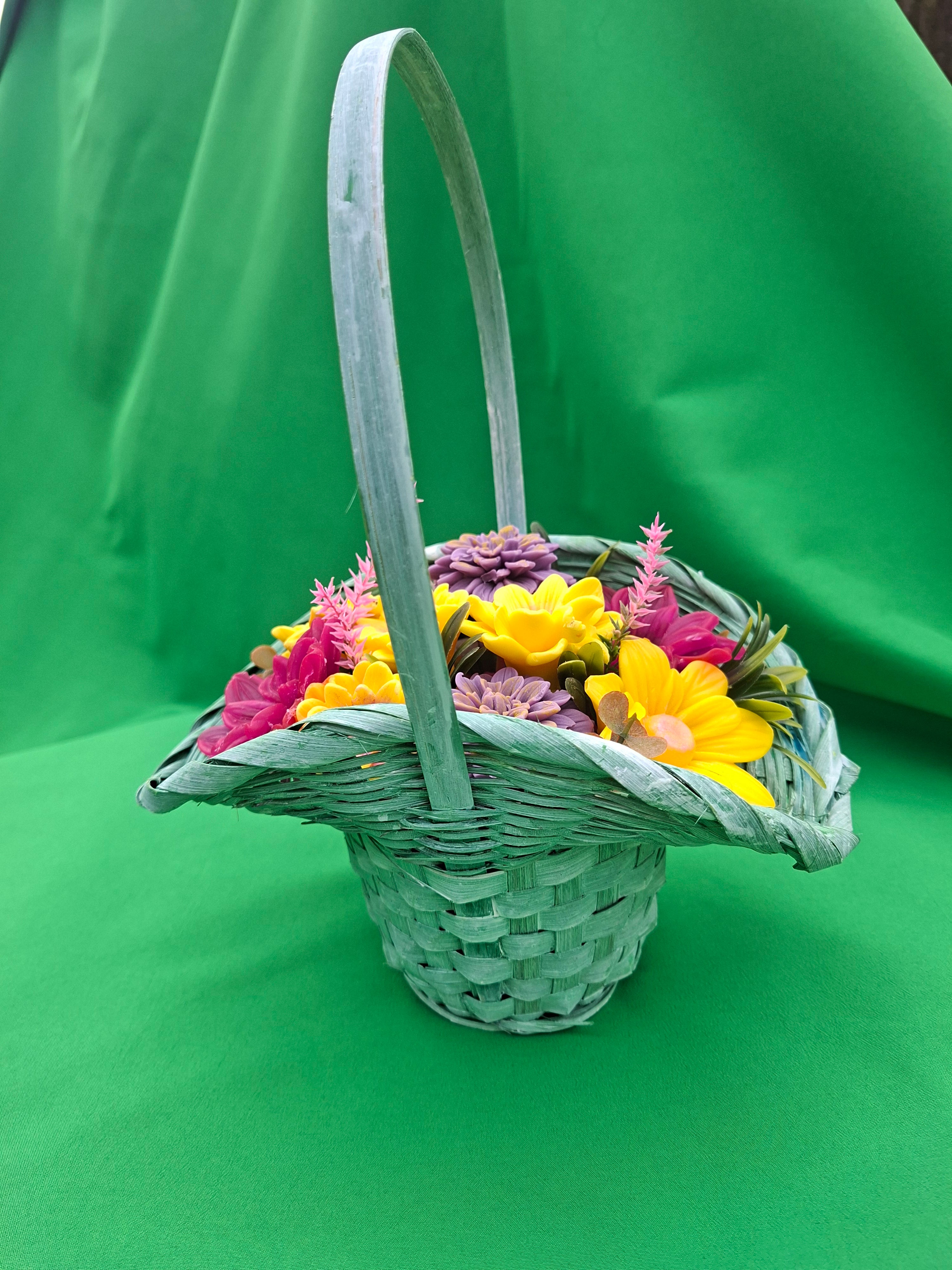 Green Woven Basket With Artificial Flowers For Home And Garden Decor