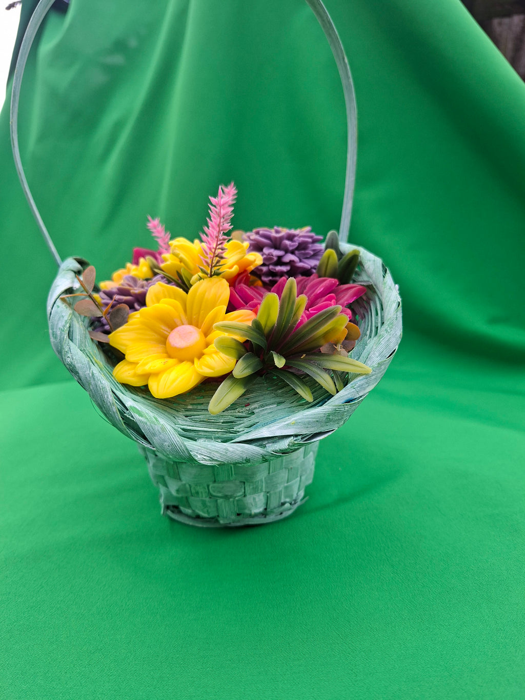 Green Woven Basket With Artificial Flowers For Home And Garden Decor