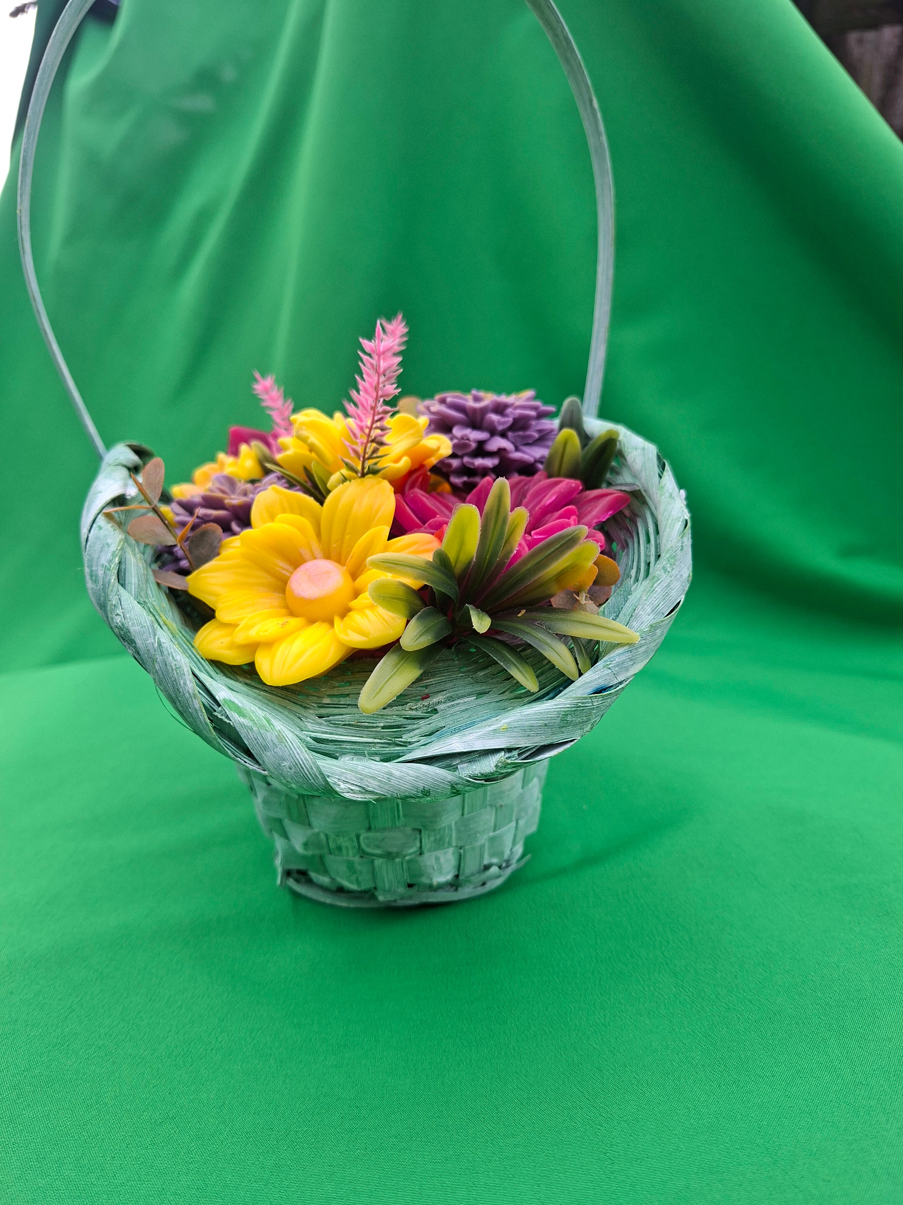 Green Woven Basket With Artificial Flowers For Home And Garden Decor