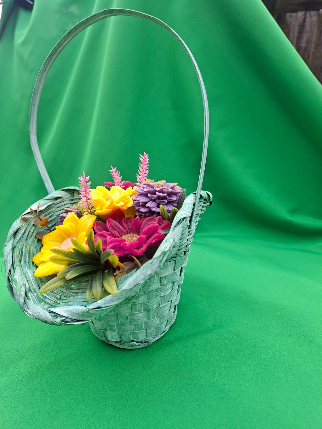 Green Woven Basket With Artificial Flowers For Home And Garden Decor