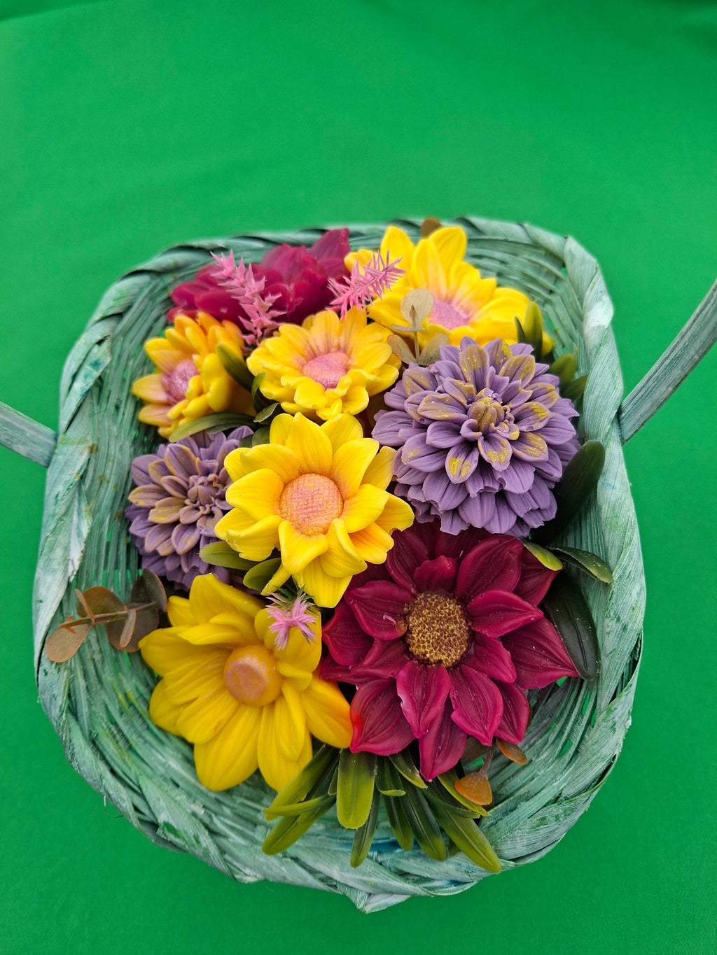 Green Woven Basket With Artificial Flowers For Home And Garden Decor