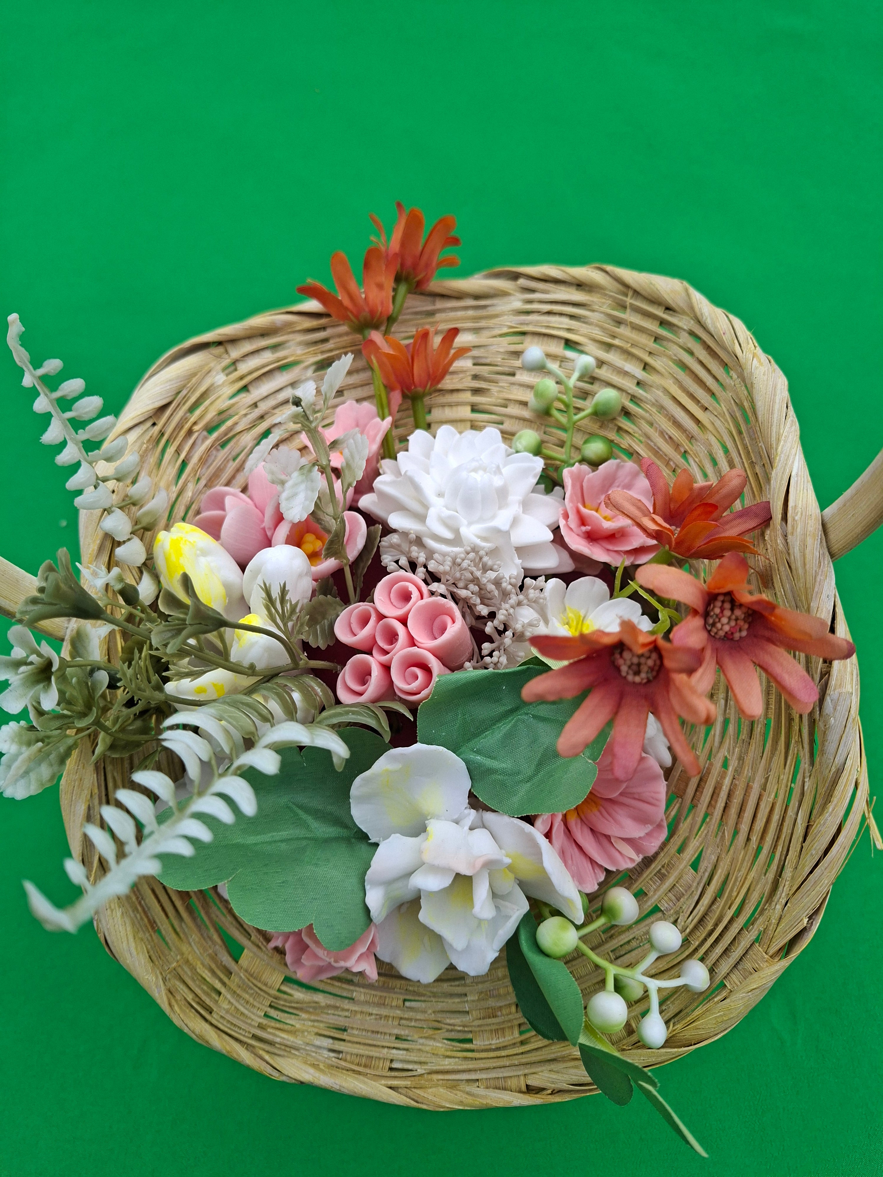 Woven Wood Basket With Artificial Flowers Home Decor Accent