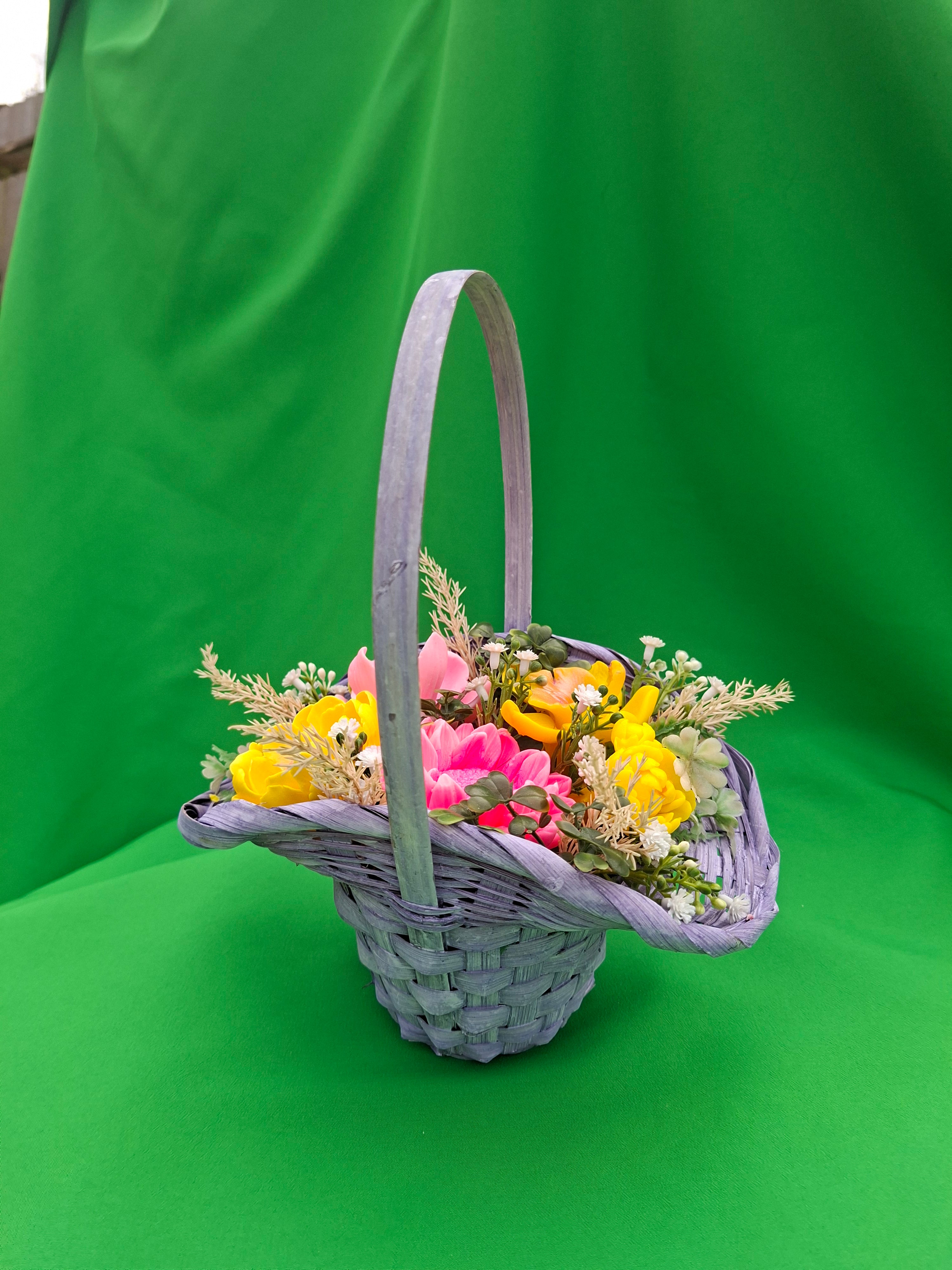 Woven Wood Basket With Colorful Artificial Flowers Decor Accent