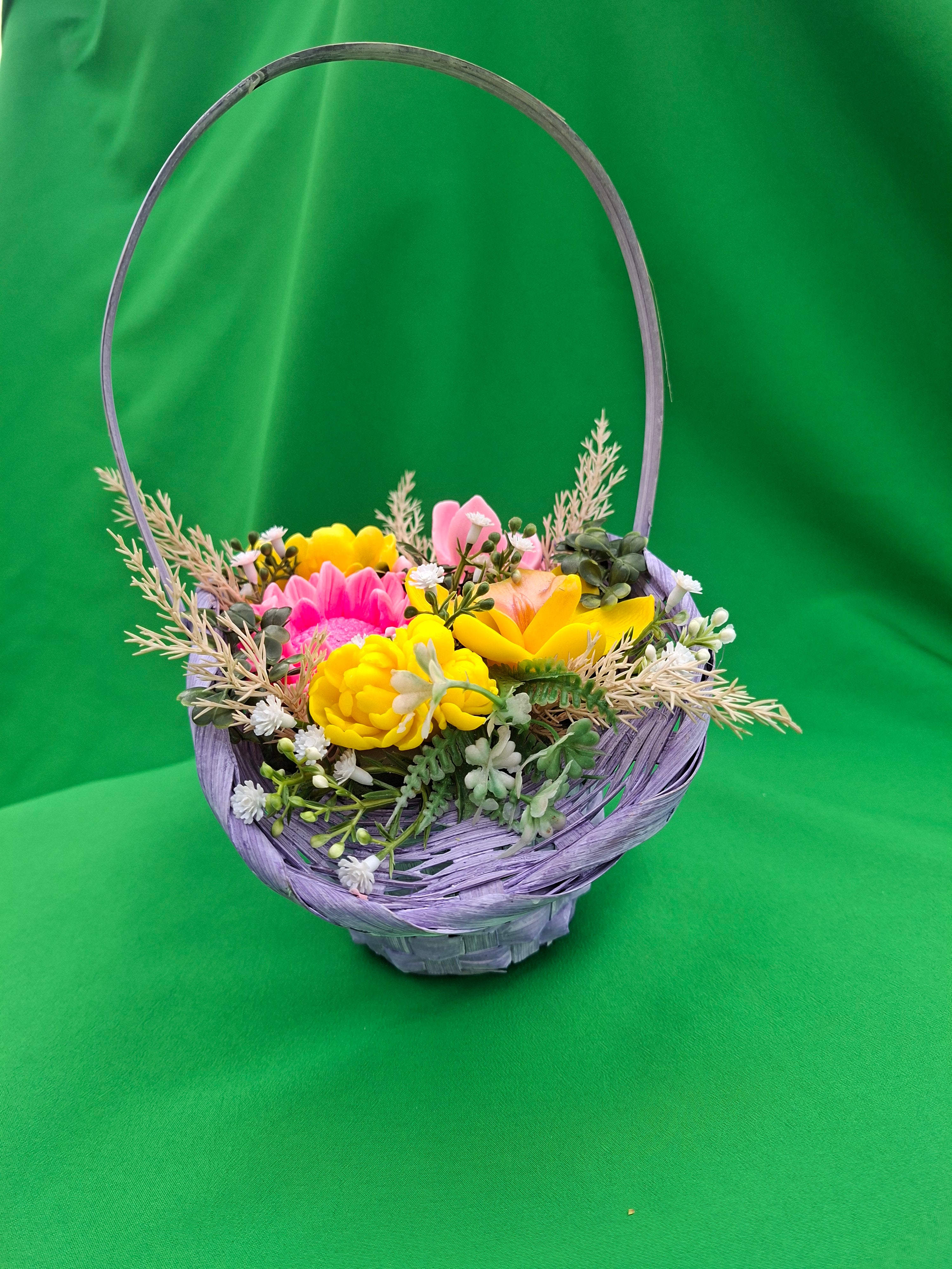 Woven Wood Basket With Colorful Artificial Flowers Decor Accent