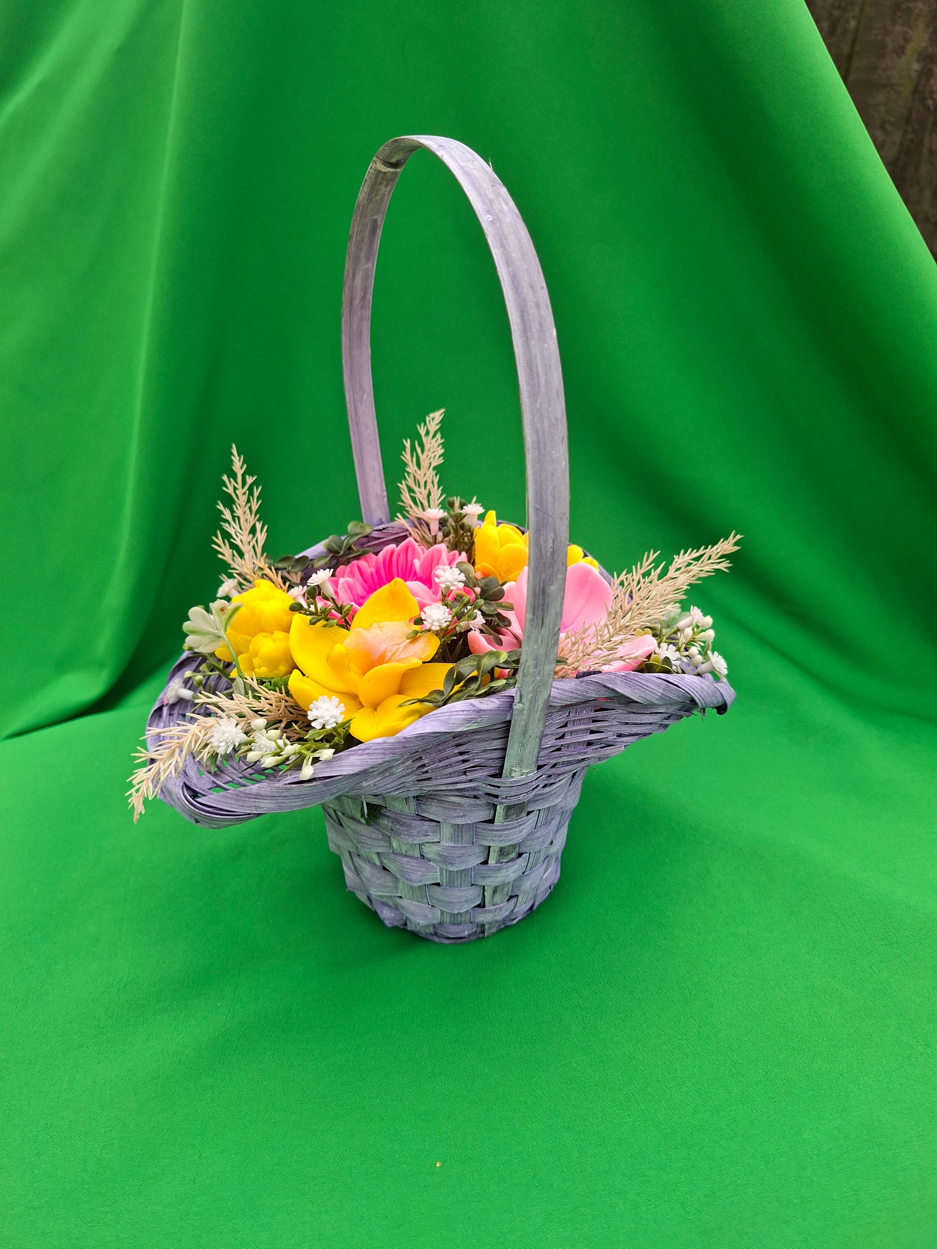 Woven Wood Basket With Colorful Artificial Flowers Decor Accent