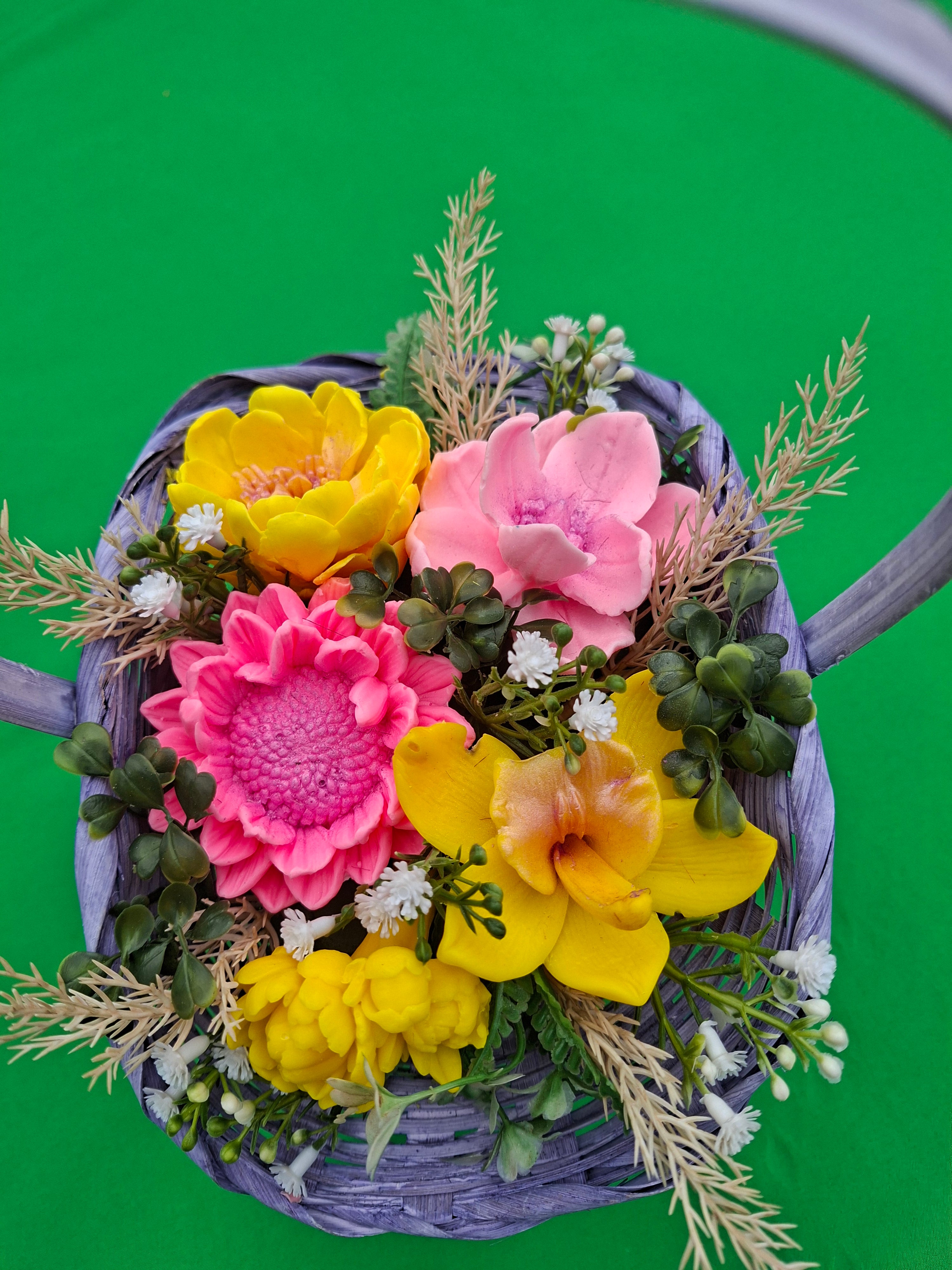 Woven Wood Basket With Colorful Artificial Flowers Decor Accent