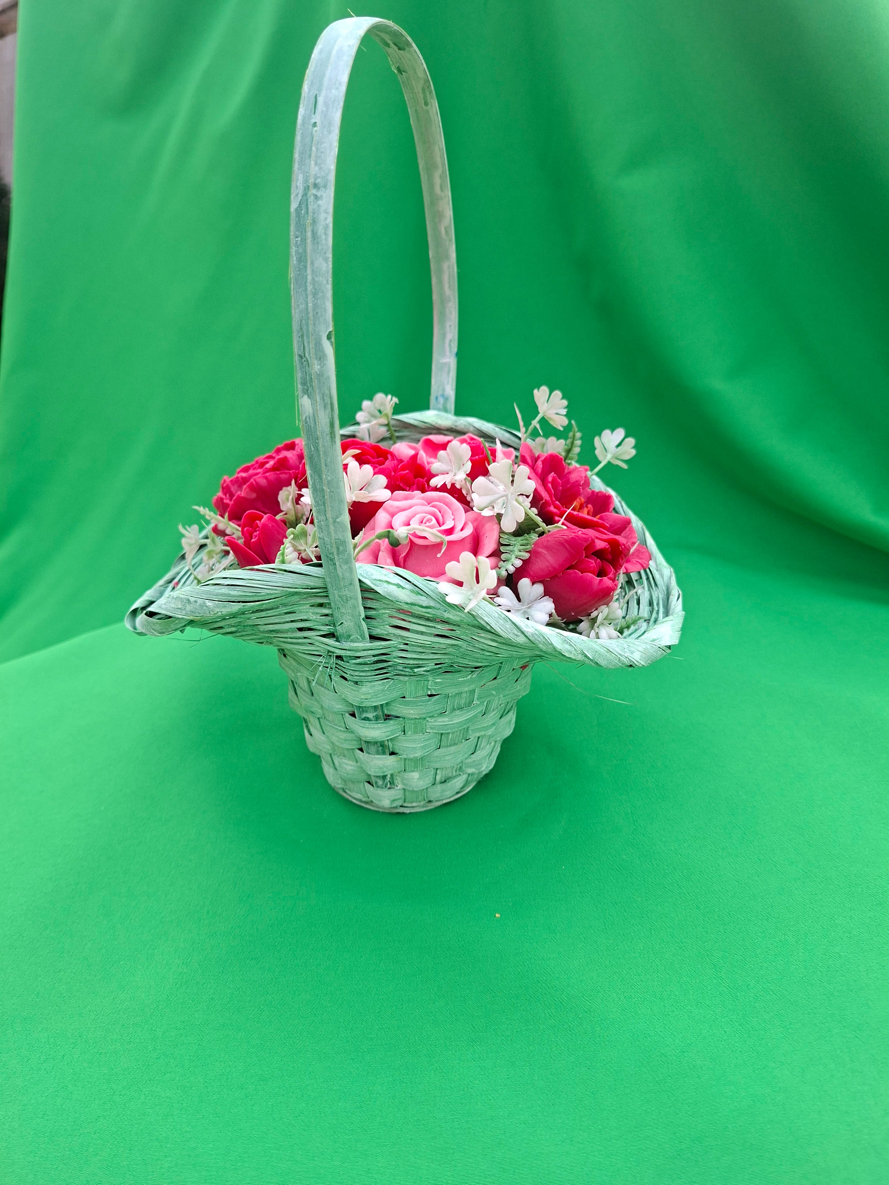 Handwoven Wicker Basket With Pink Artificial Flower Arrangement