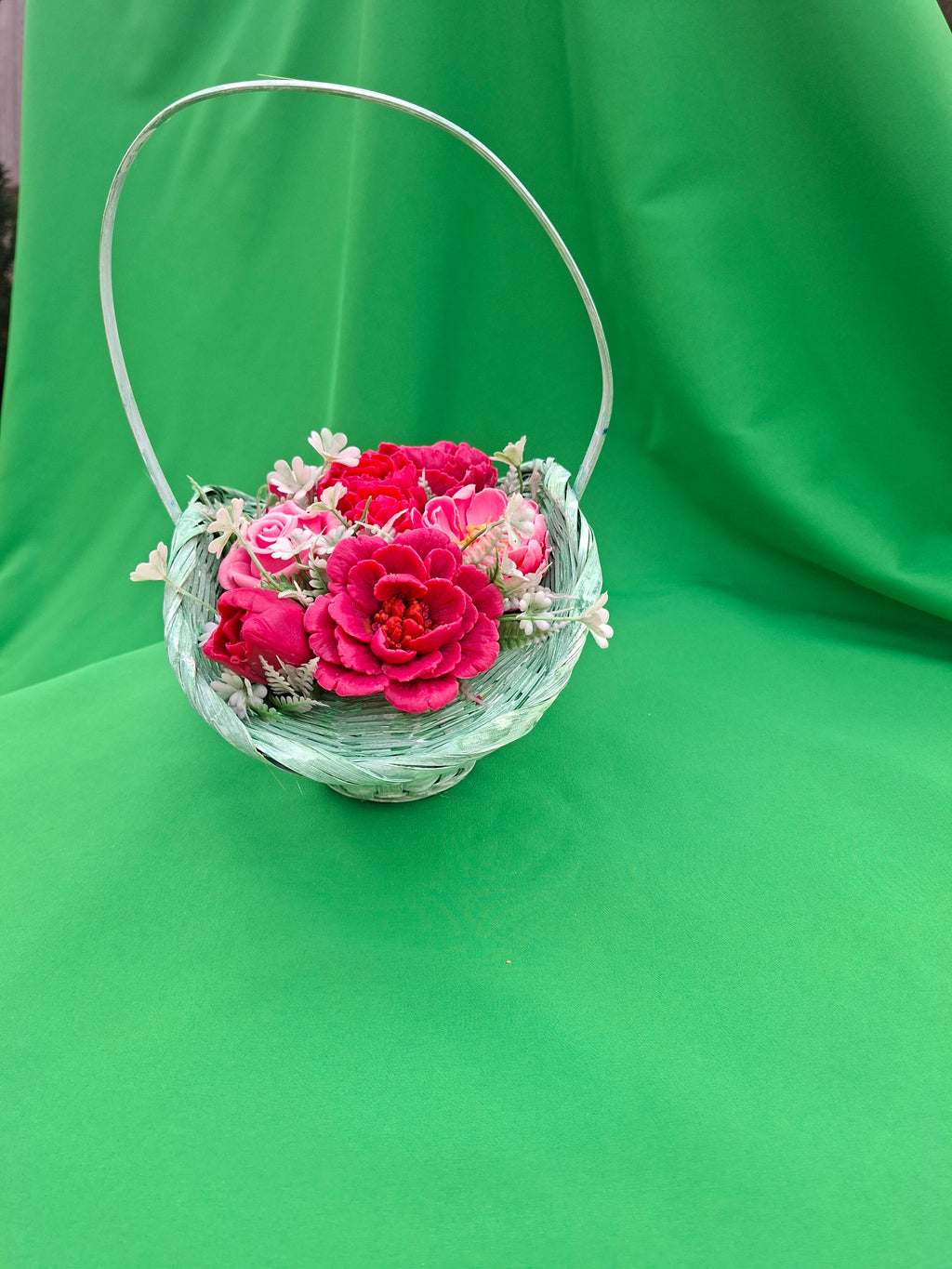 Handwoven Wicker Basket With Pink Artificial Flower Arrangement