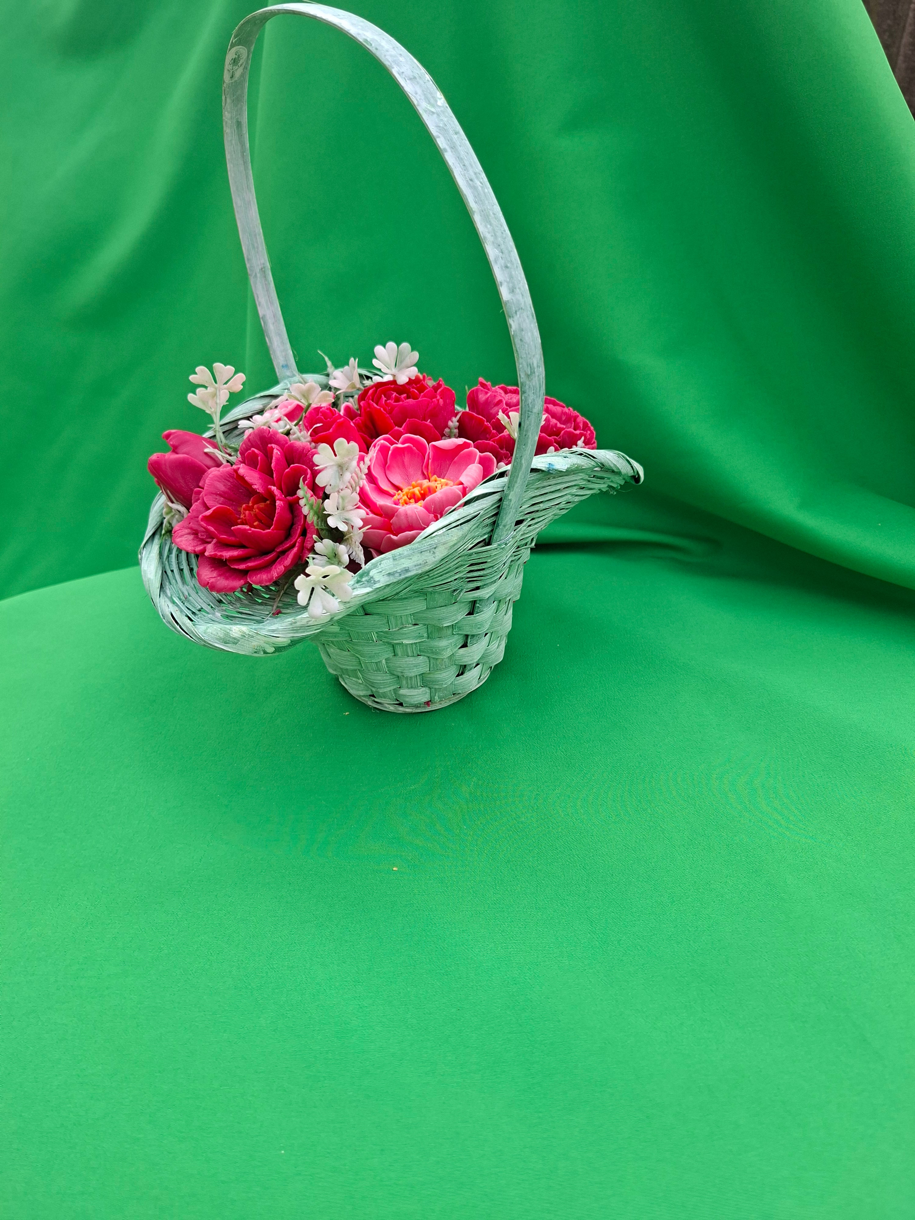Handwoven Wicker Basket With Pink Artificial Flower Arrangement