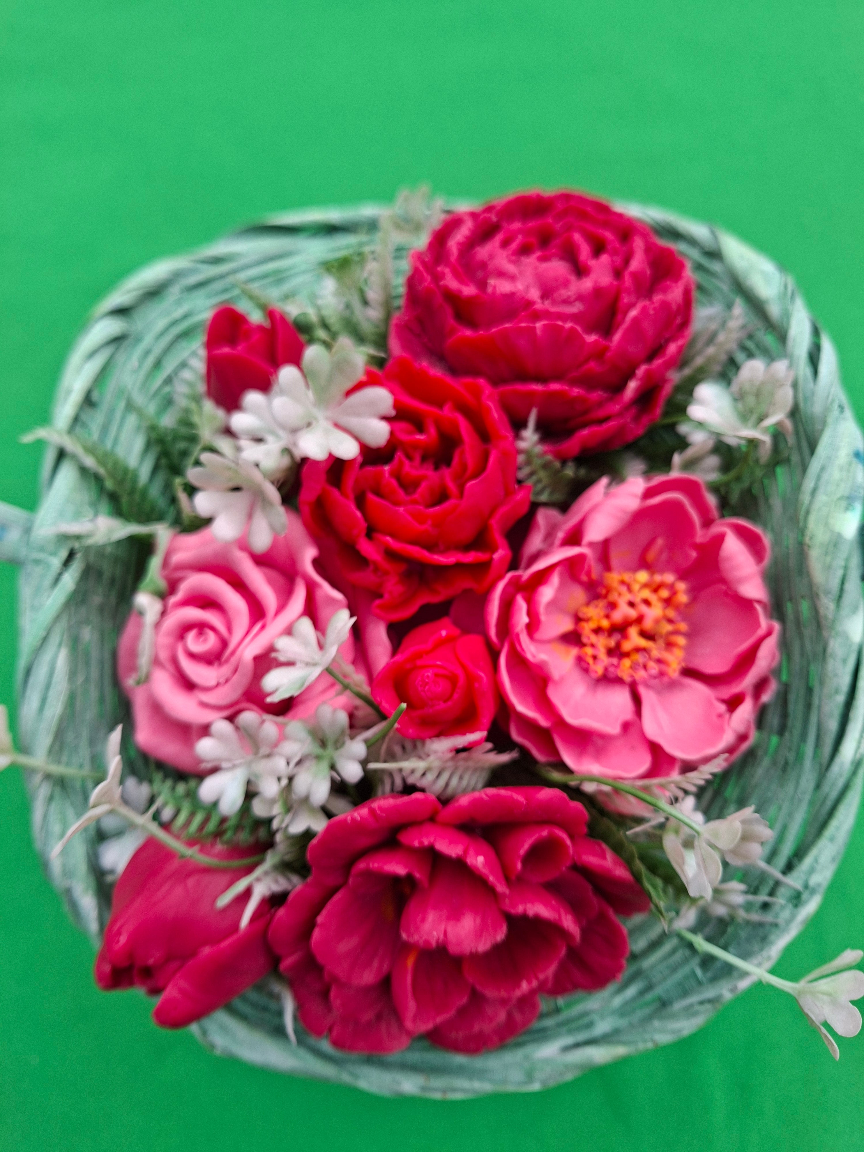 Handwoven Wicker Basket With Pink Artificial Flower Arrangement