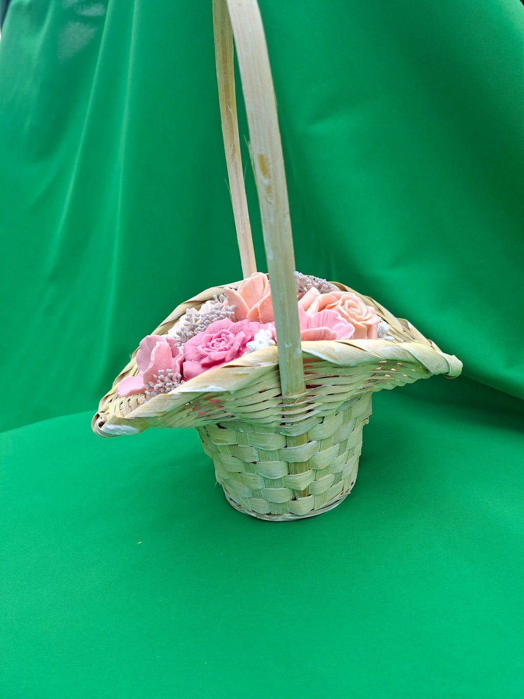 Woven Basket Floral Arrangement Artificial Pink Roses and Flowers Decor