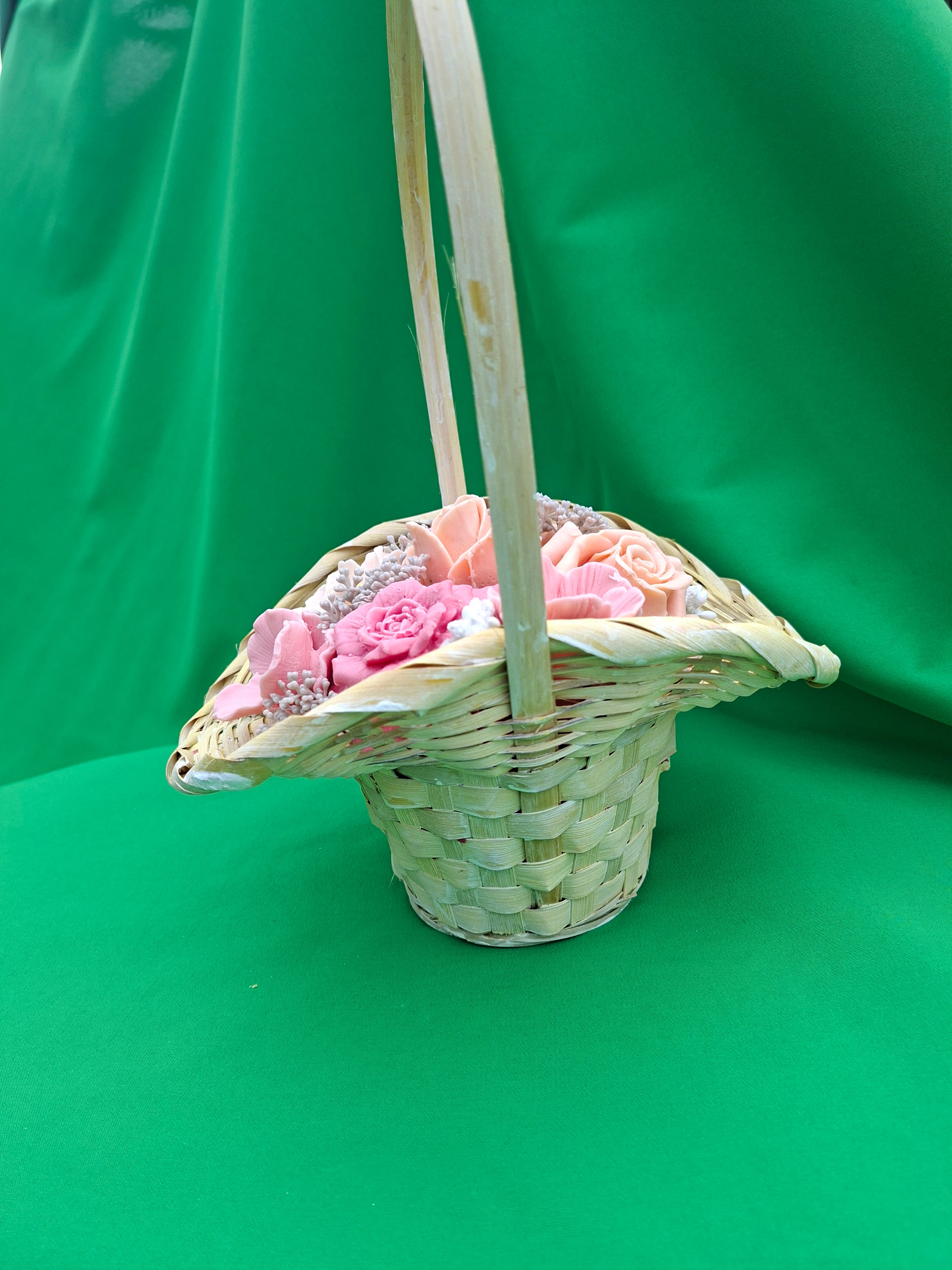 Woven Basket Floral Arrangement Artificial Pink Roses and Flowers Decor