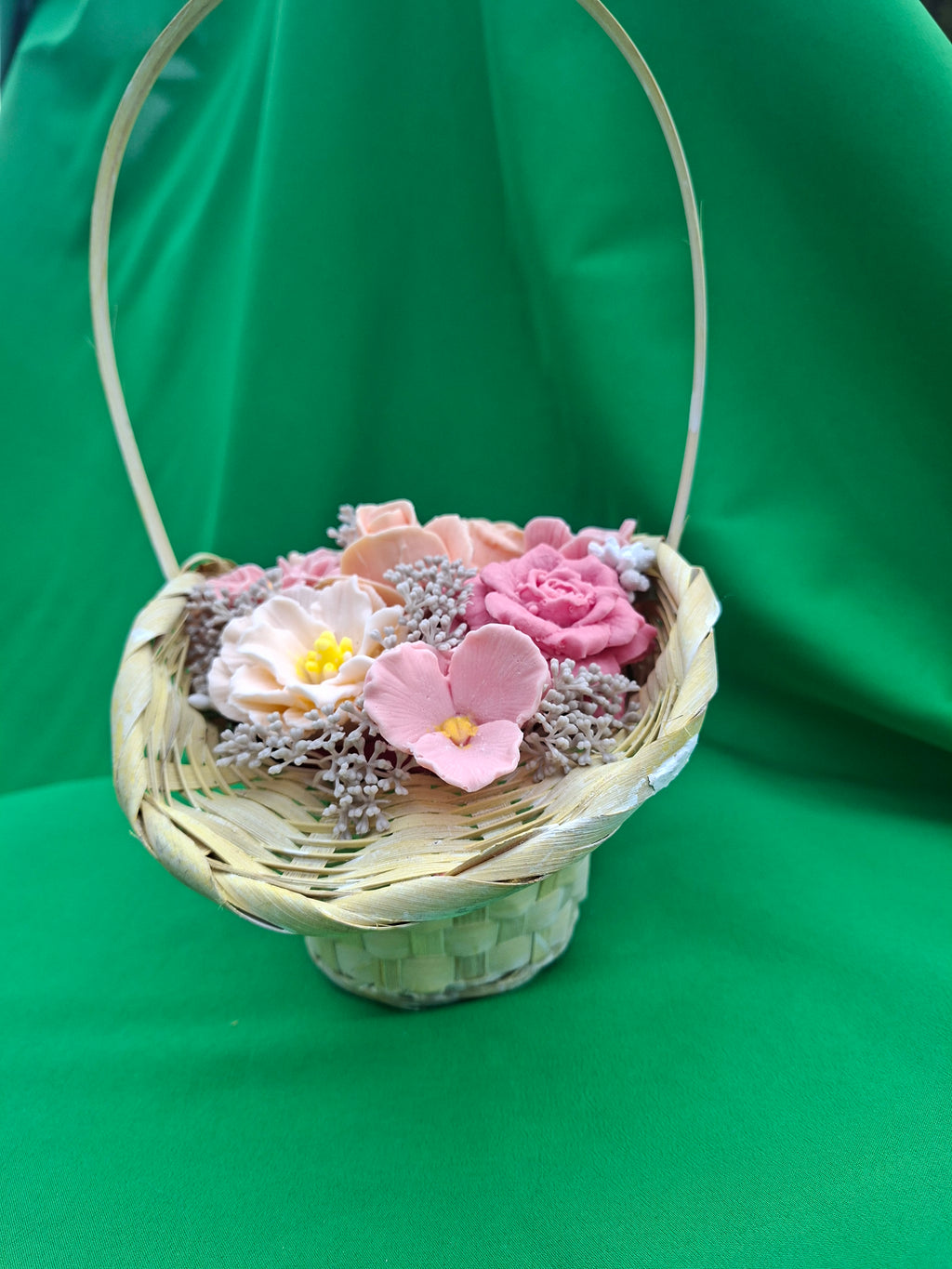 Woven Basket Floral Arrangement Artificial Pink Roses and Flowers Decor