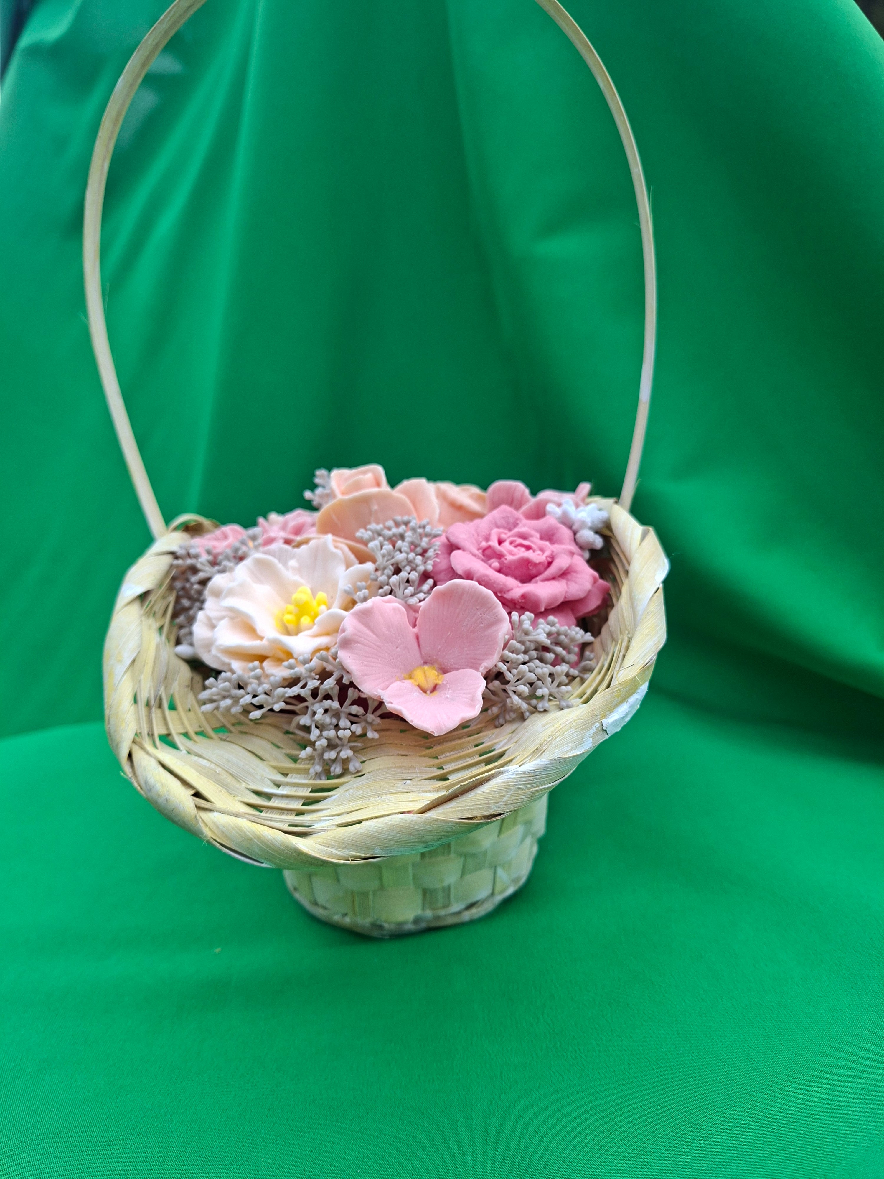 Woven Basket Floral Arrangement Artificial Pink Roses and Flowers Decor