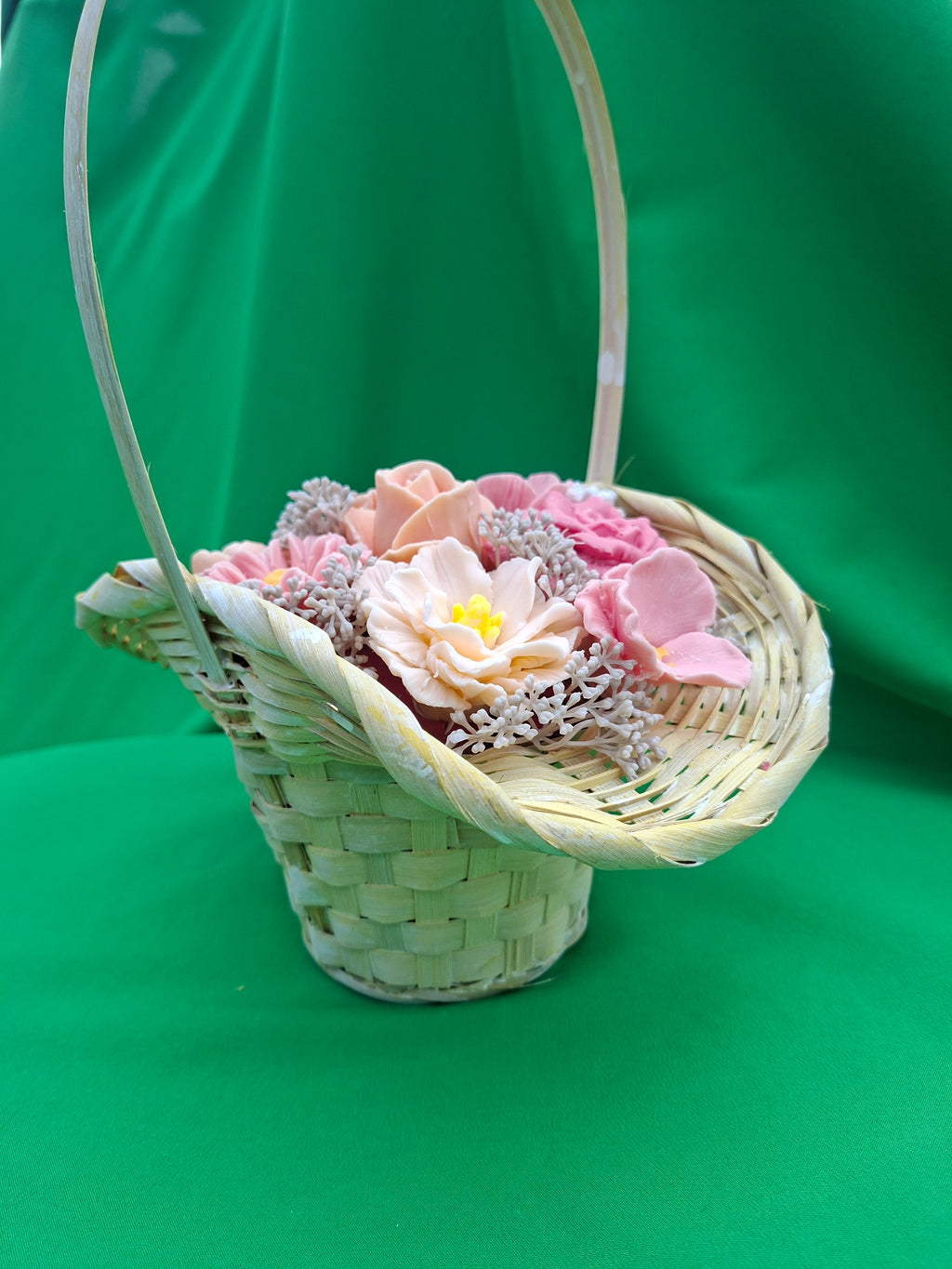 Woven Basket Floral Arrangement Artificial Pink Roses and Flowers Decor