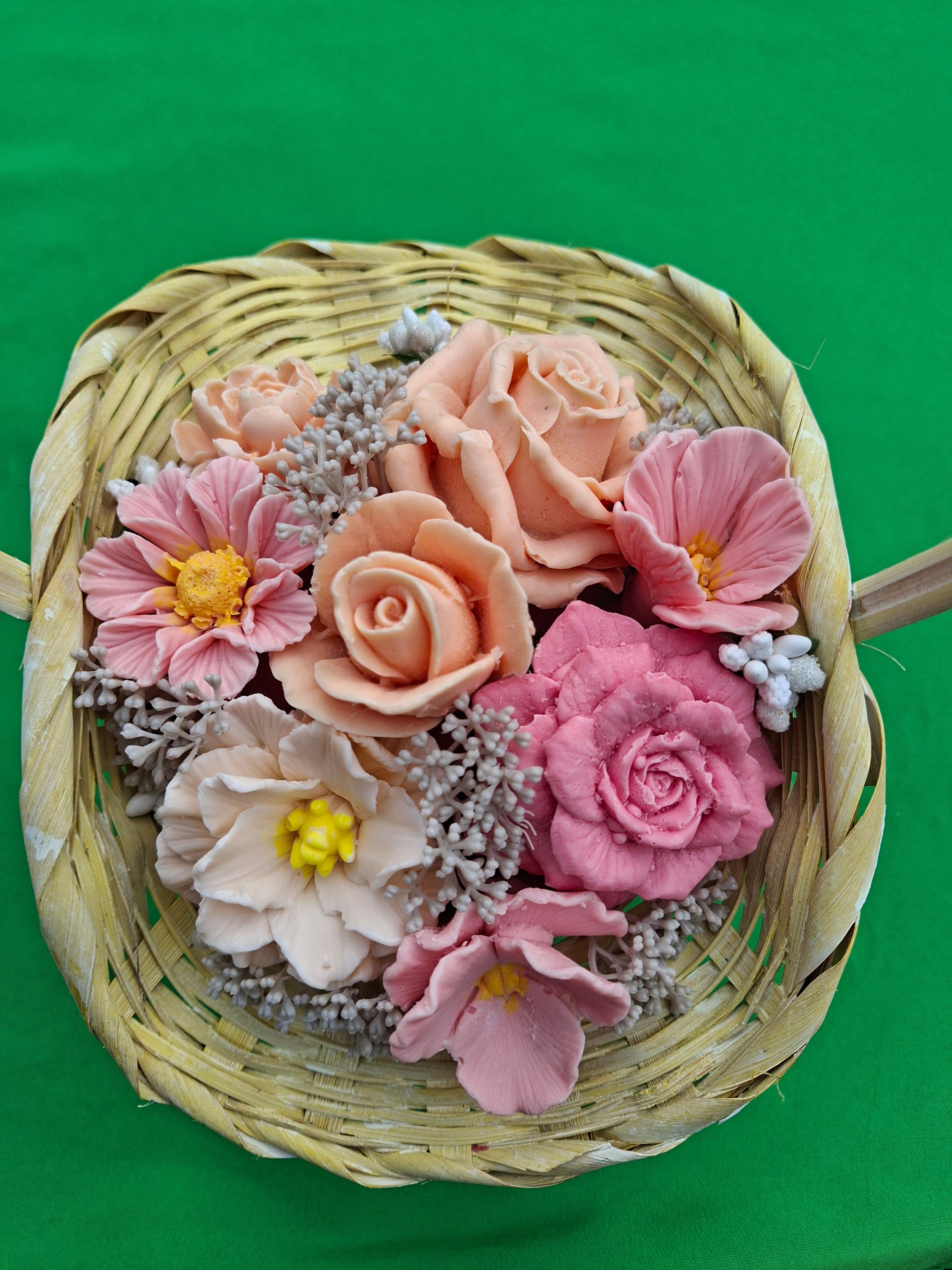 Woven Basket Floral Arrangement Artificial Pink Roses and Flowers Decor